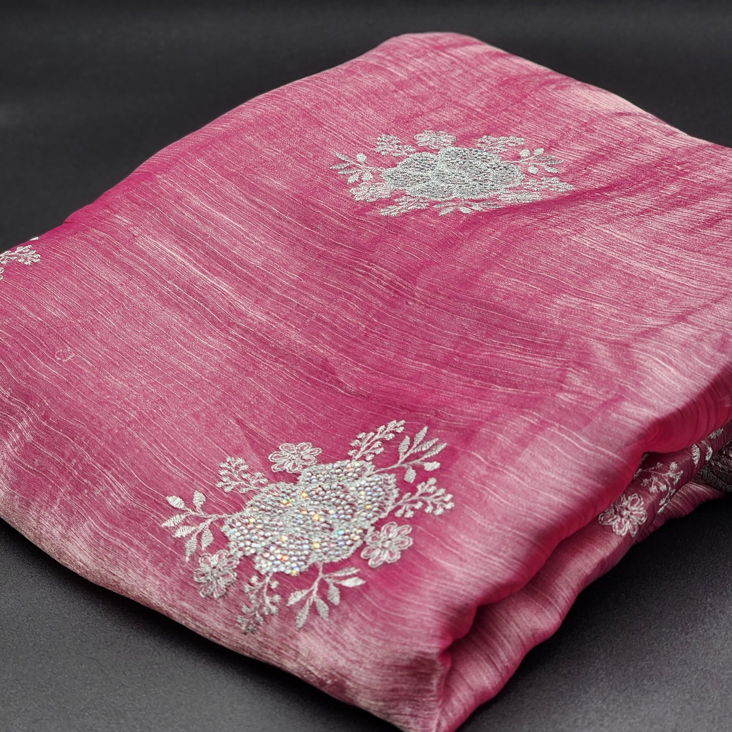 chiffon synthetic material- beige with silver embroidery and stone work-1148 Eljoys Fashion