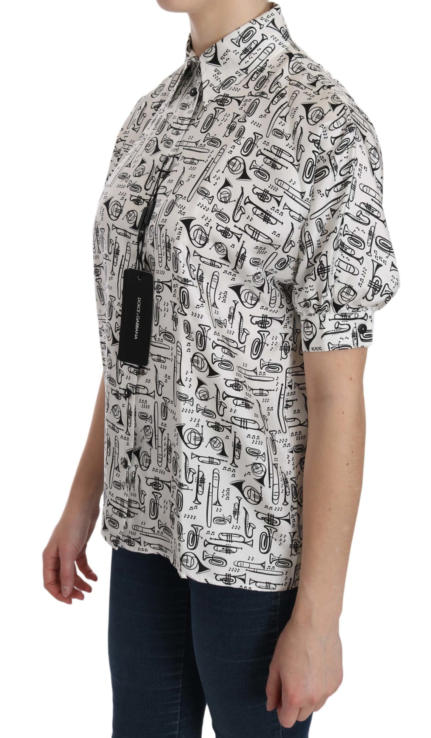 Dolce & Gabbana White Musical Instrument Collared Blouse Shirt Dolce & Gabbana
