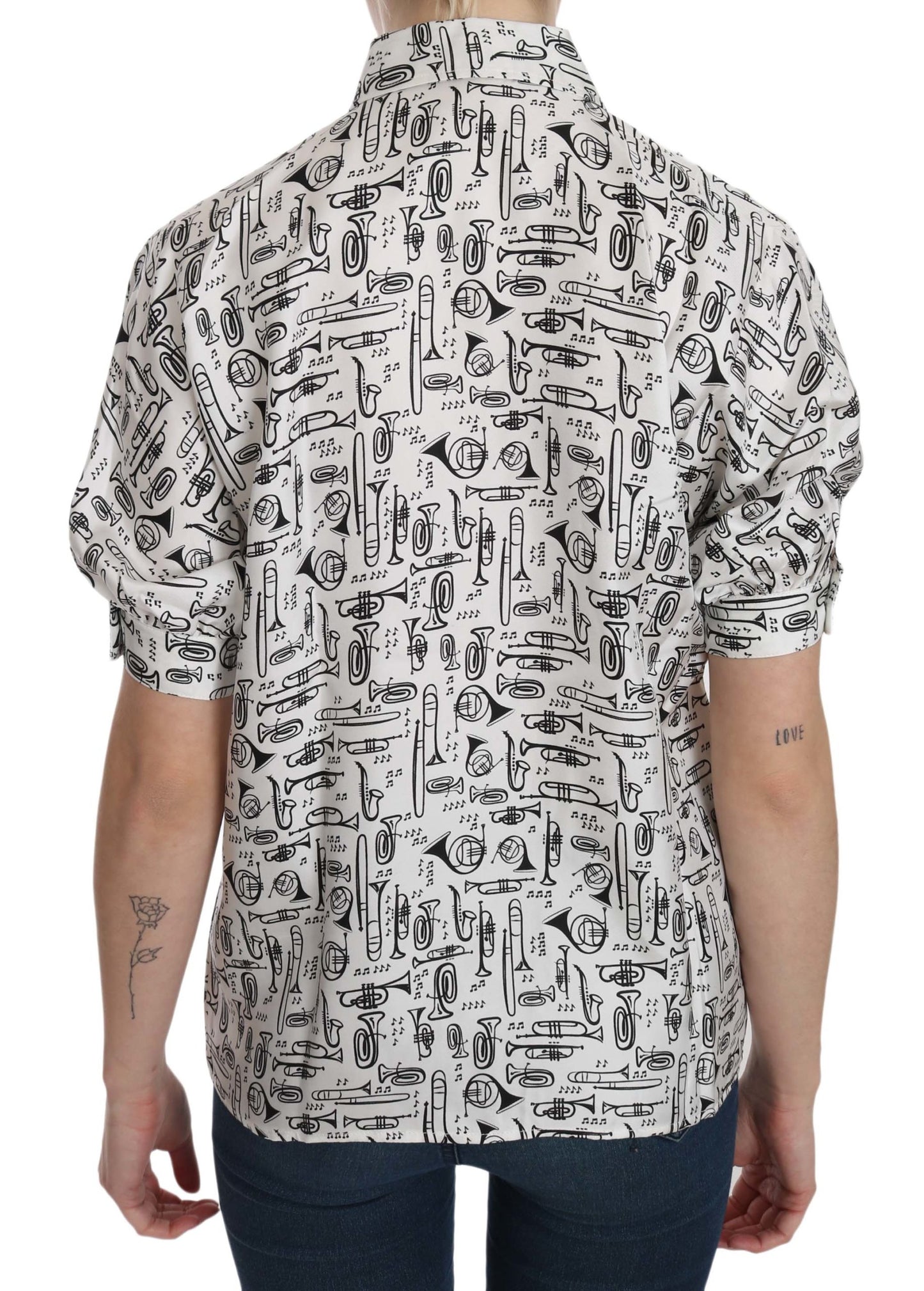 Dolce & Gabbana White Musical Instrument Collared Blouse Shirt Dolce & Gabbana