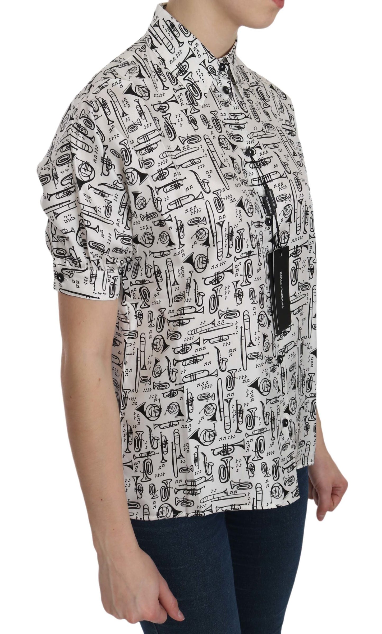 Dolce & Gabbana White Musical Instrument Collared Blouse Shirt Dolce & Gabbana