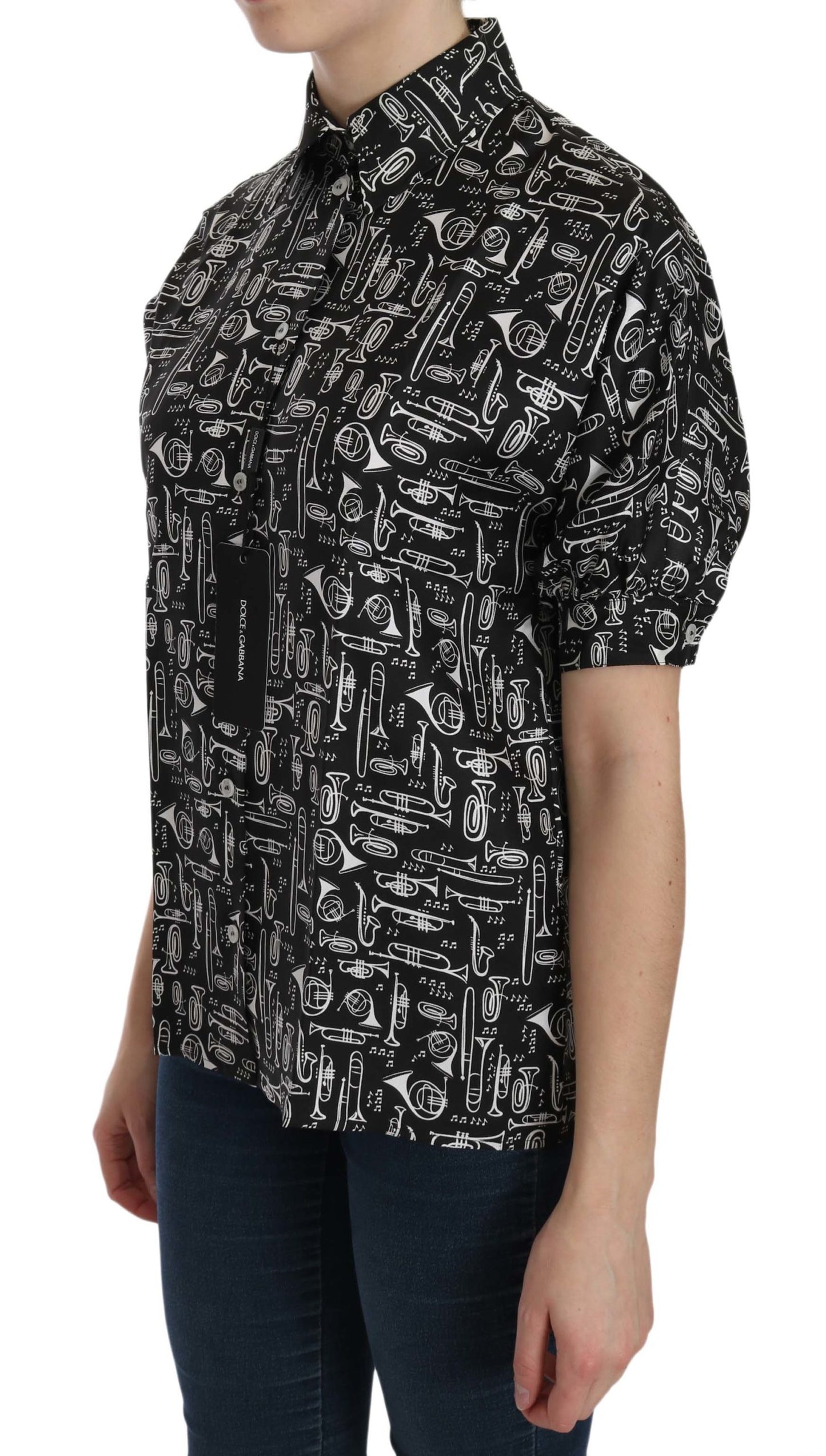 Dolce & Gabbana Black Musical Instrument Collared Blouse Shirt Dolce & Gabbana