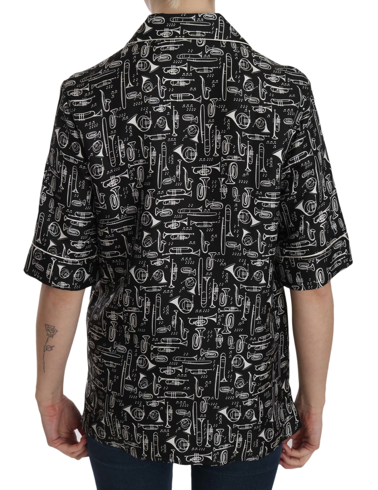 Dolce & Gabbana Black Musical Instrument Print Silk Top Dolce & Gabbana