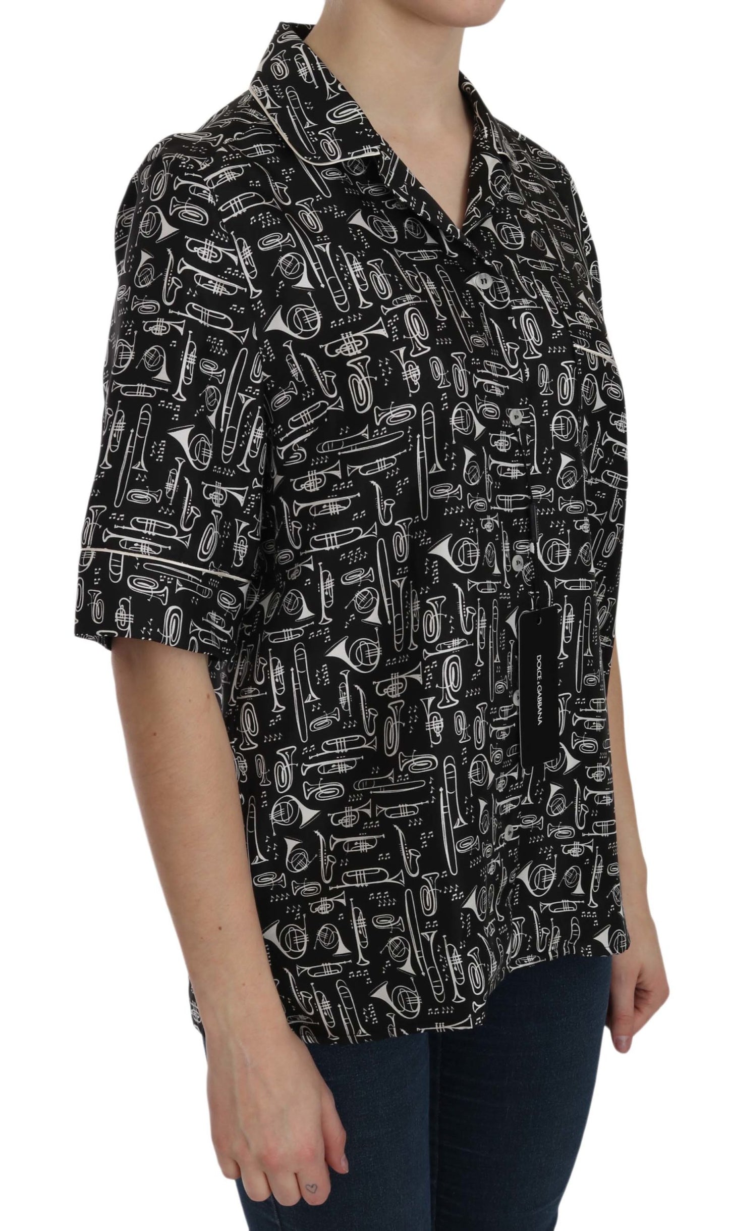 Dolce & Gabbana Black Musical Instrument Print Silk Top Dolce & Gabbana