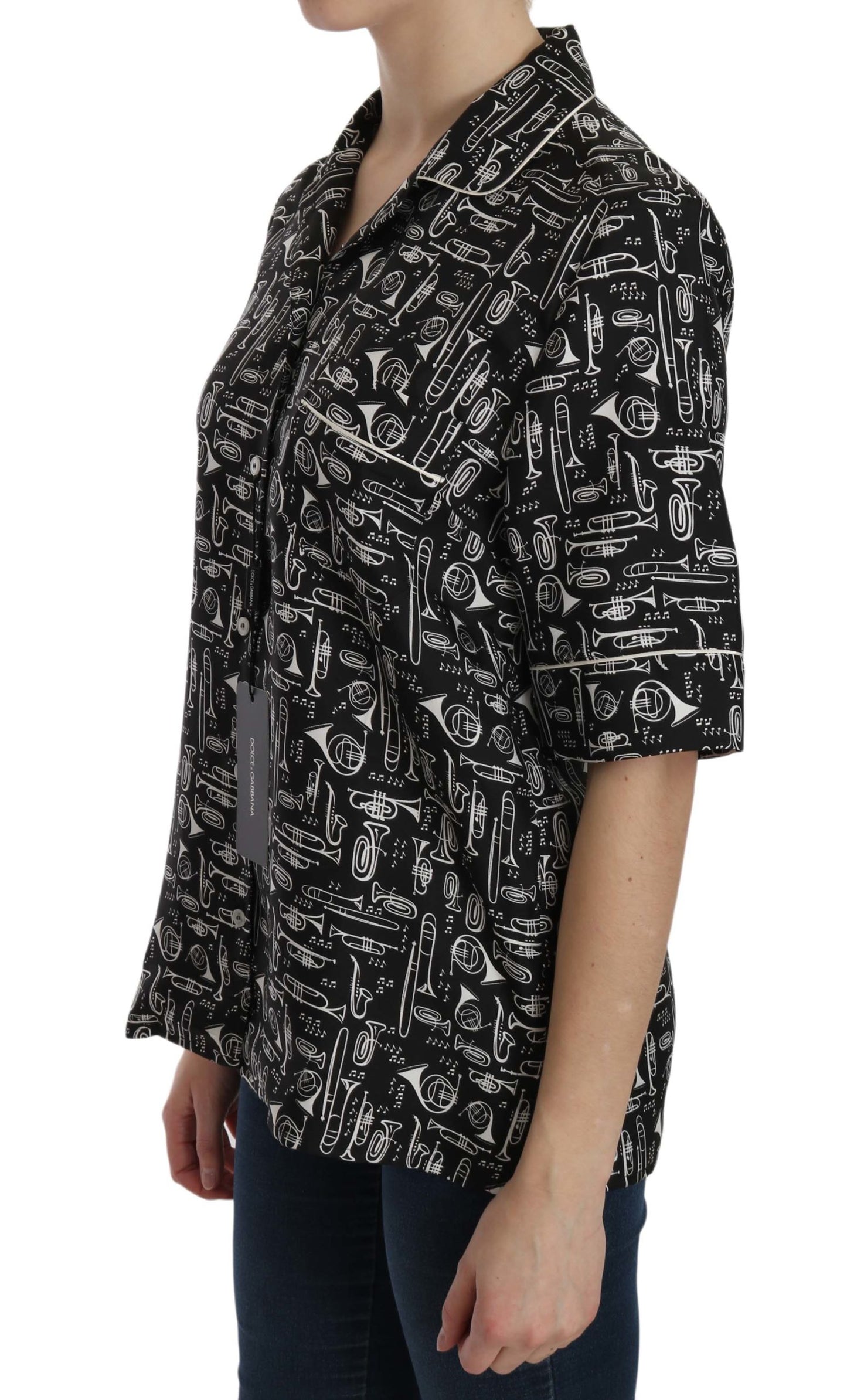 Dolce & Gabbana Black Musical Instrument Print Silk Top Dolce & Gabbana