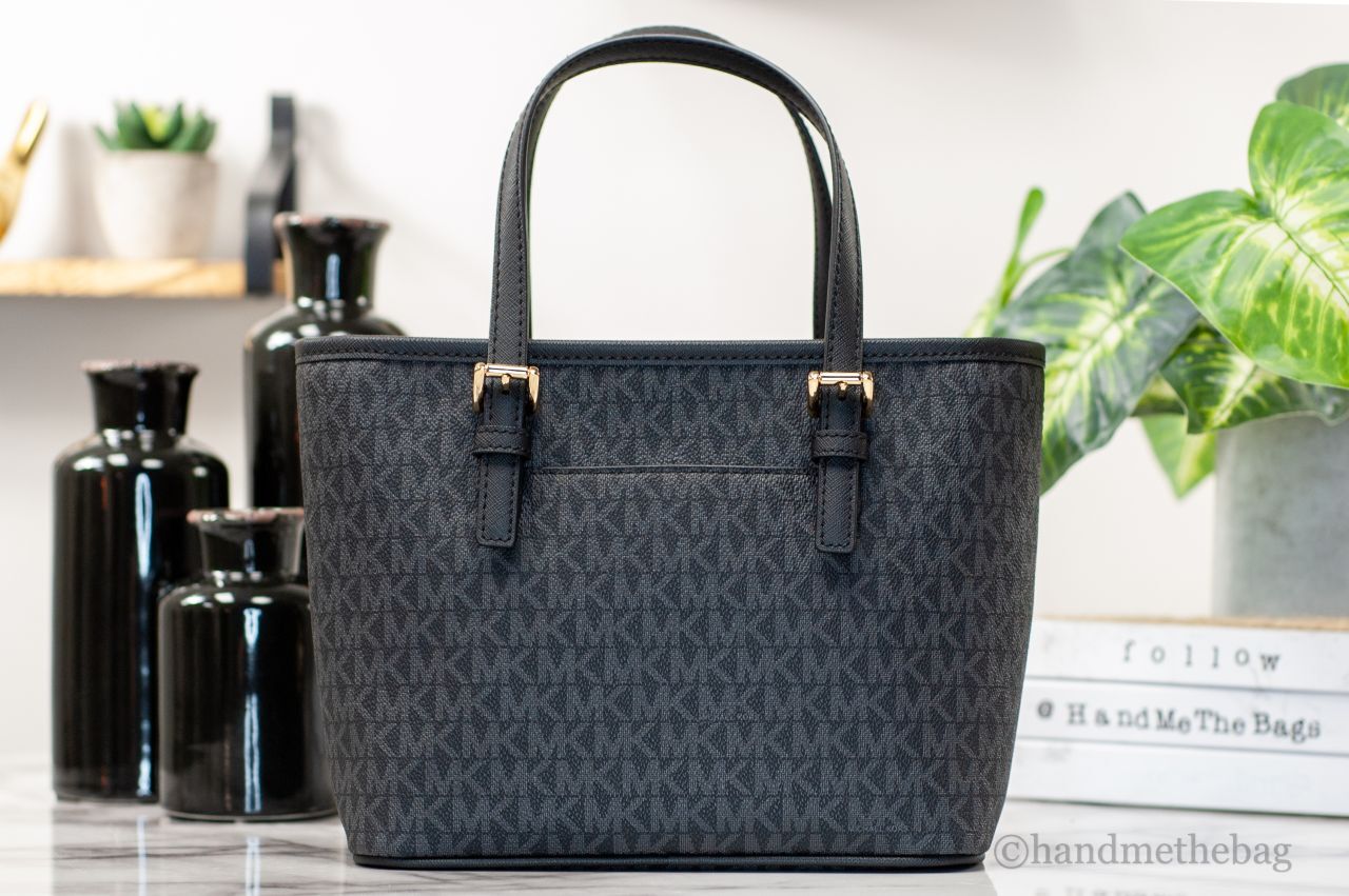 Michael Kors XS Carry All Jet Set Travel Womens Tote BLACK SIG/GOLD