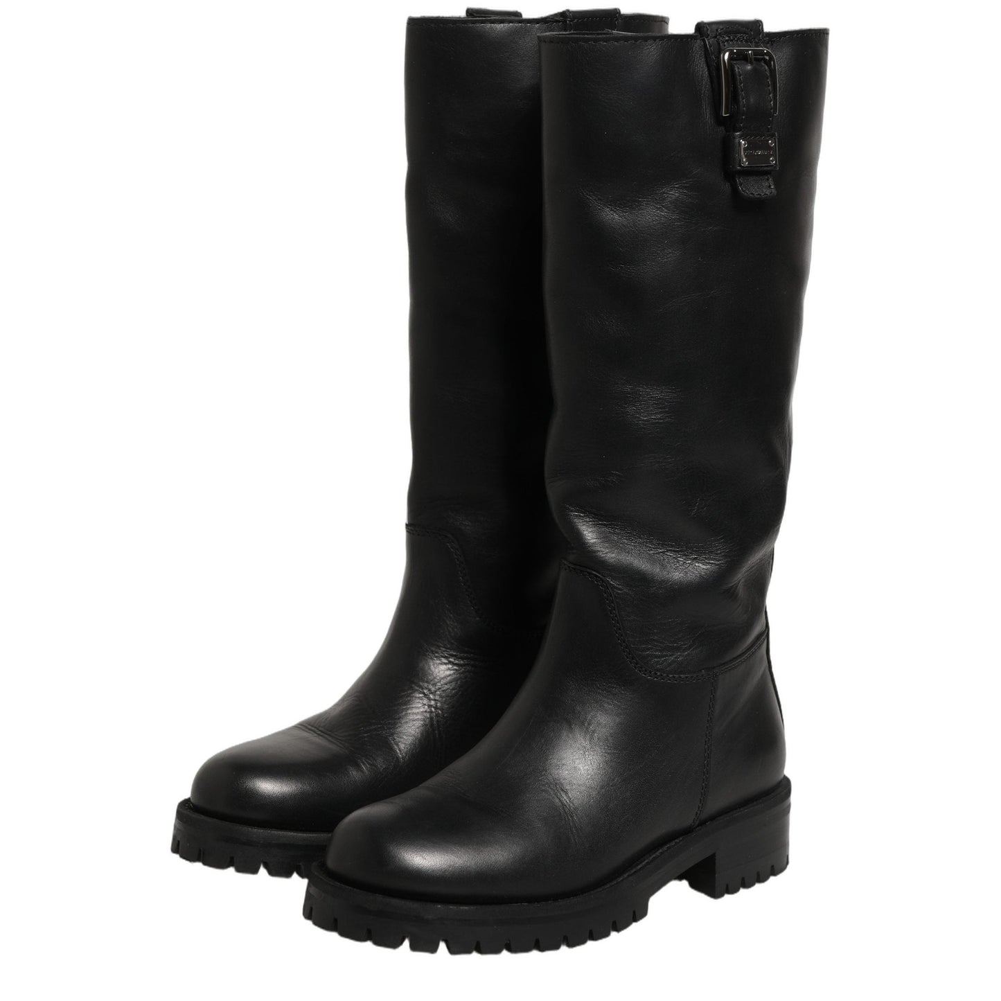 Dolce & Gabbana Black Leather Buckle Detail Mid Calf Boots Shoes