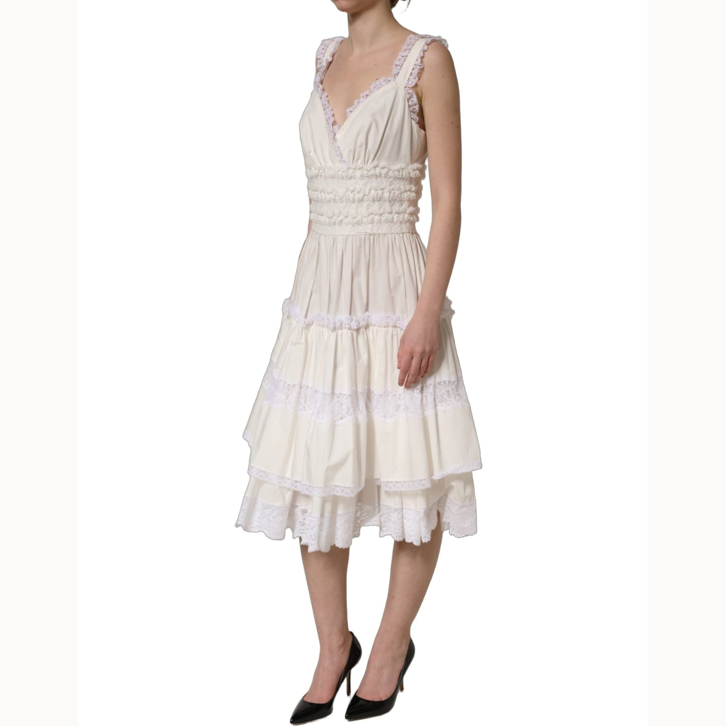 Dolce & Gabbana White Cotton Poplin Ruffled Midi Dress Dolce & Gabbana