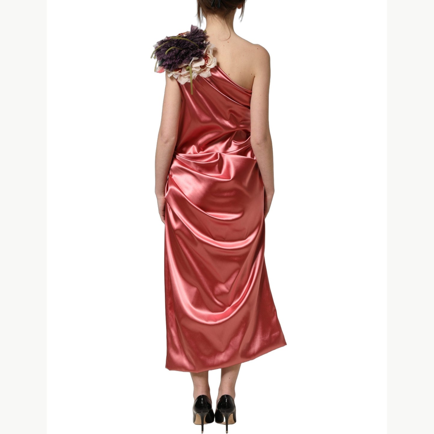 Dolce & Gabbana Pink Draped Midi Flower Appliques Dress Dolce & Gabbana