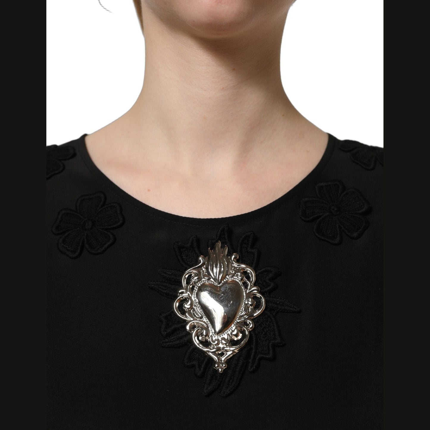 Dolce & Gabbana Black Floral Silk Heart Appliqué Blouse Top Dolce & Gabbana