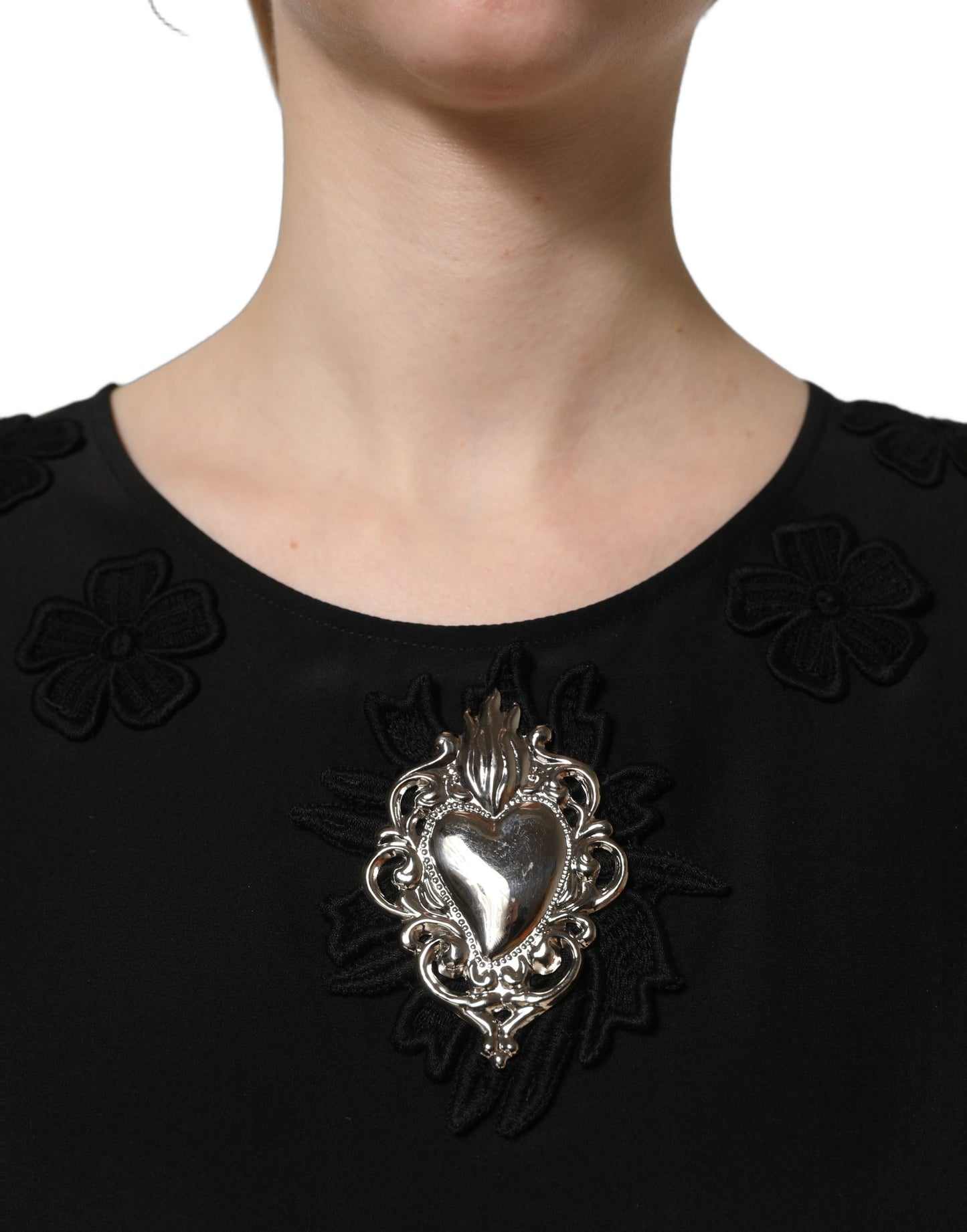 Dolce & Gabbana Black Floral Silk Heart Appliqué Blouse Top Dolce & Gabbana