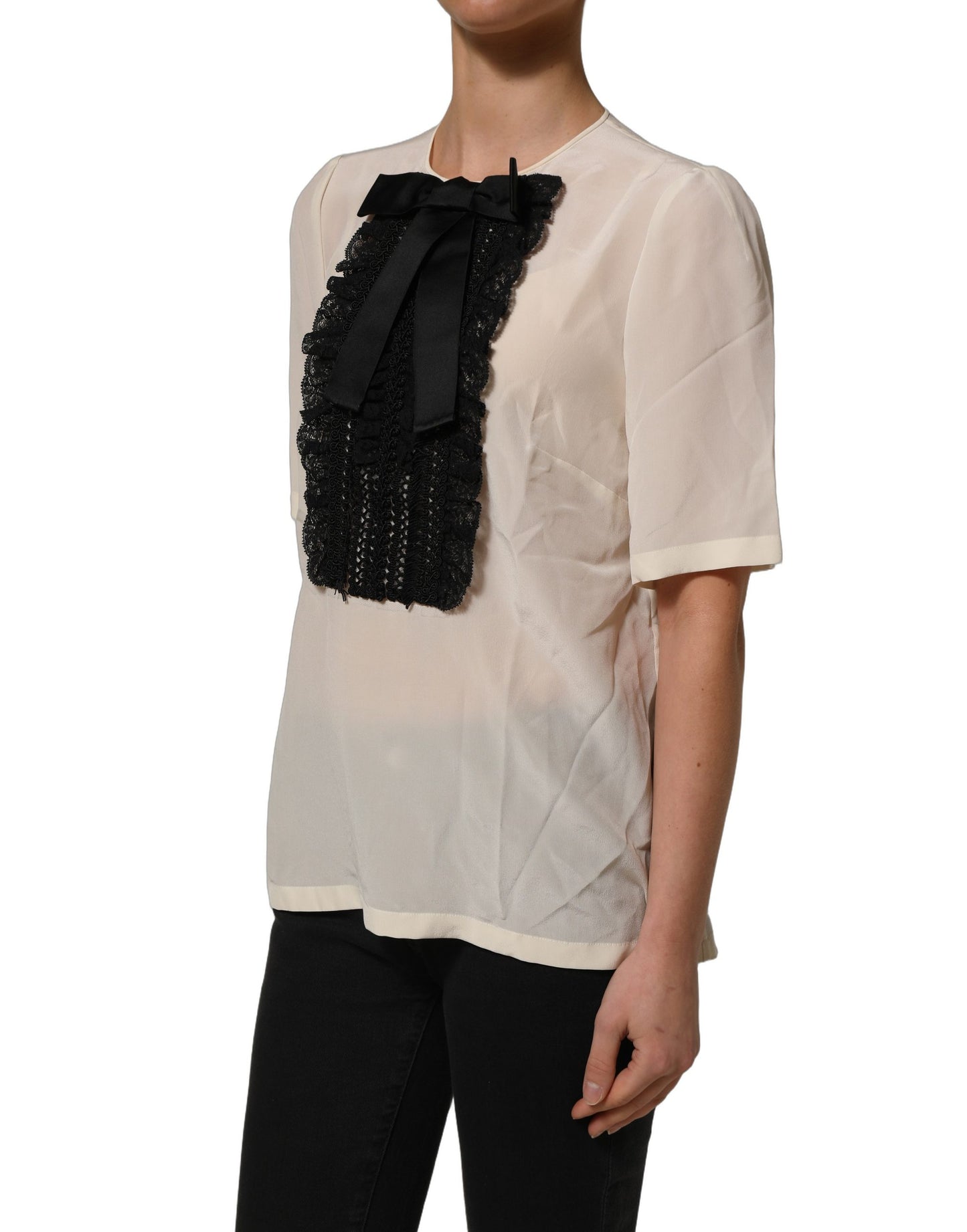 Dolce & Gabbana Beige Lace Trim Bow Short Sleeves Blouse Top Dolce & Gabbana