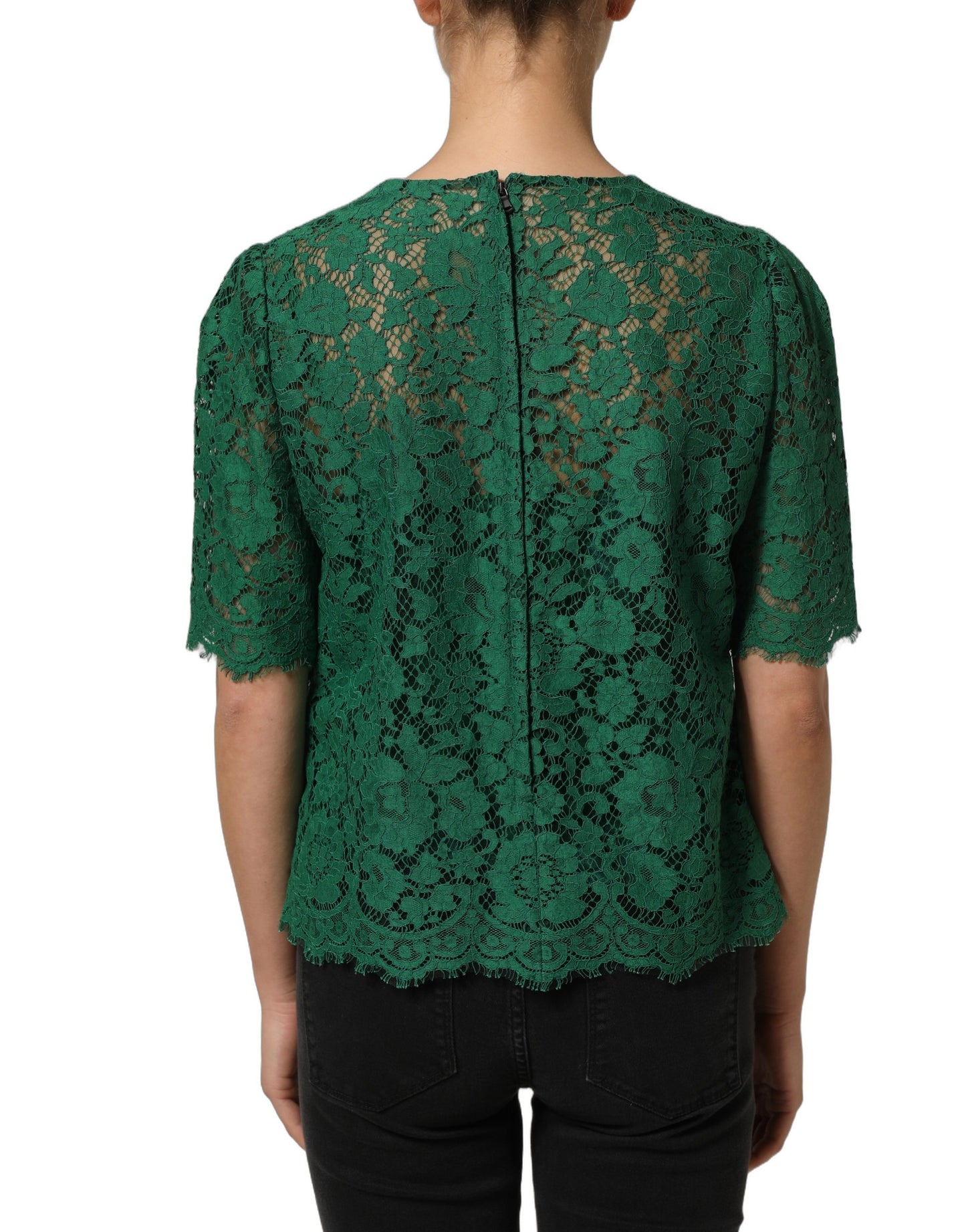 Dolce & Gabbana Green Floral Lace Round Neck Blouse Top Dolce & Gabbana