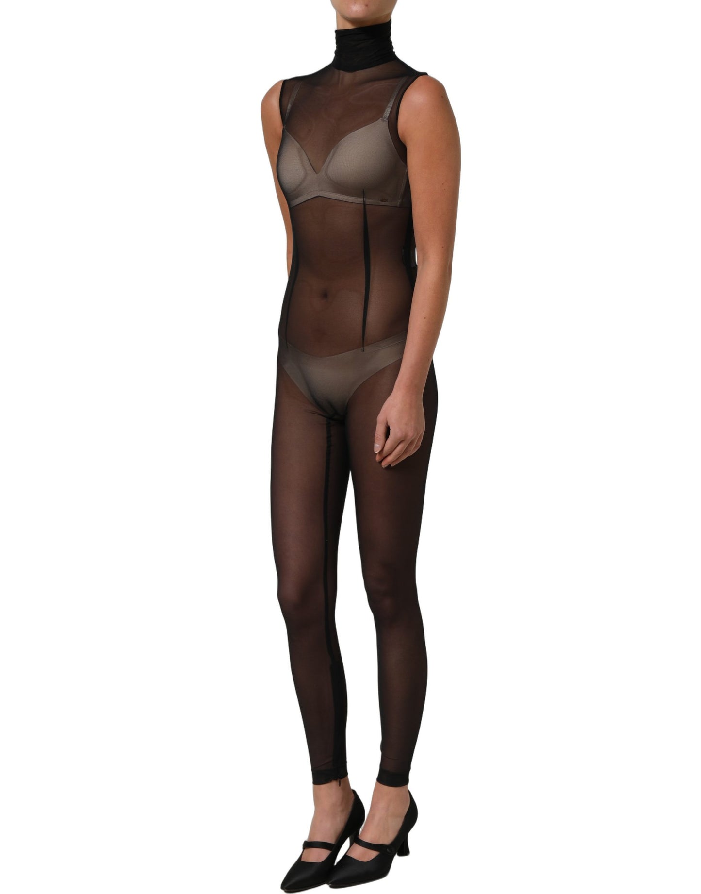 Dolce & Gabbana Black Sheer Mesh Jumpsuit Turtleneck Dress Dolce & Gabbana