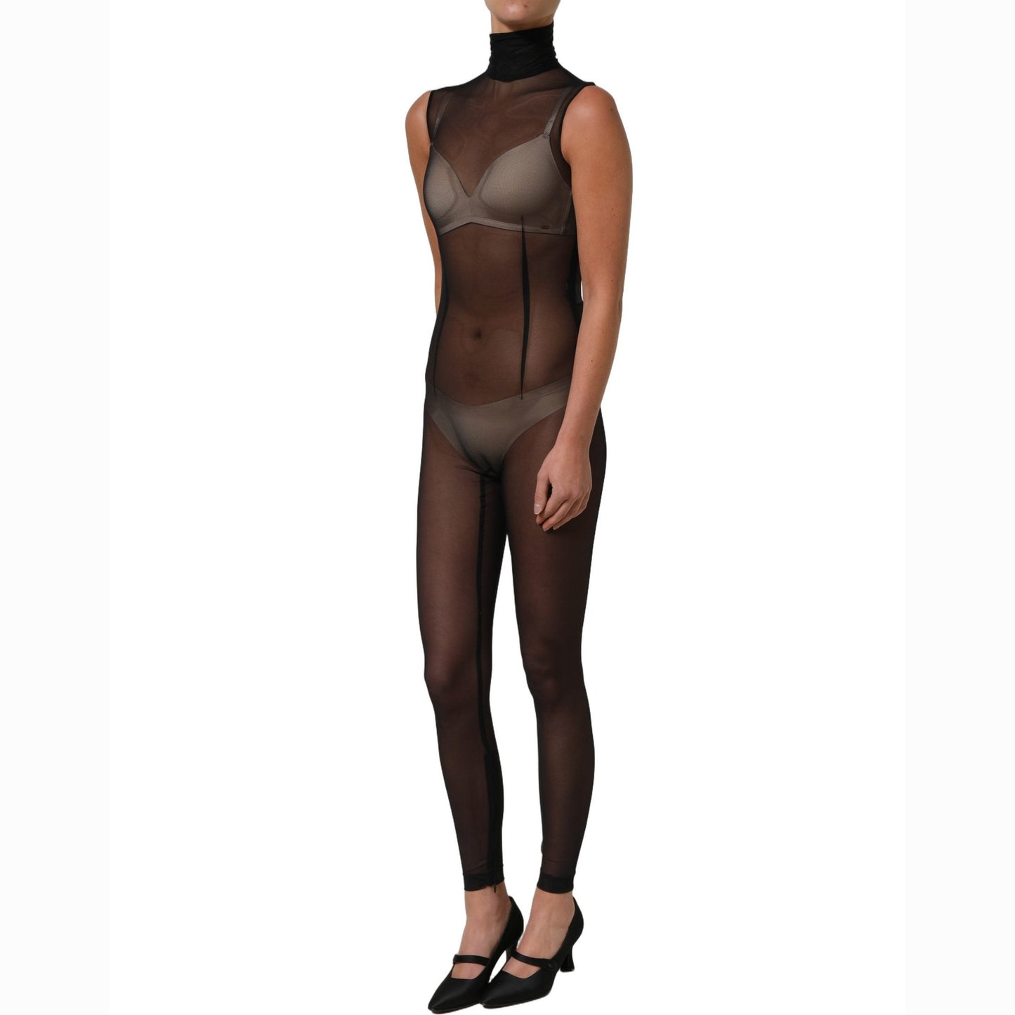 Dolce & Gabbana Black Sheer Mesh Jumpsuit Turtleneck Dress