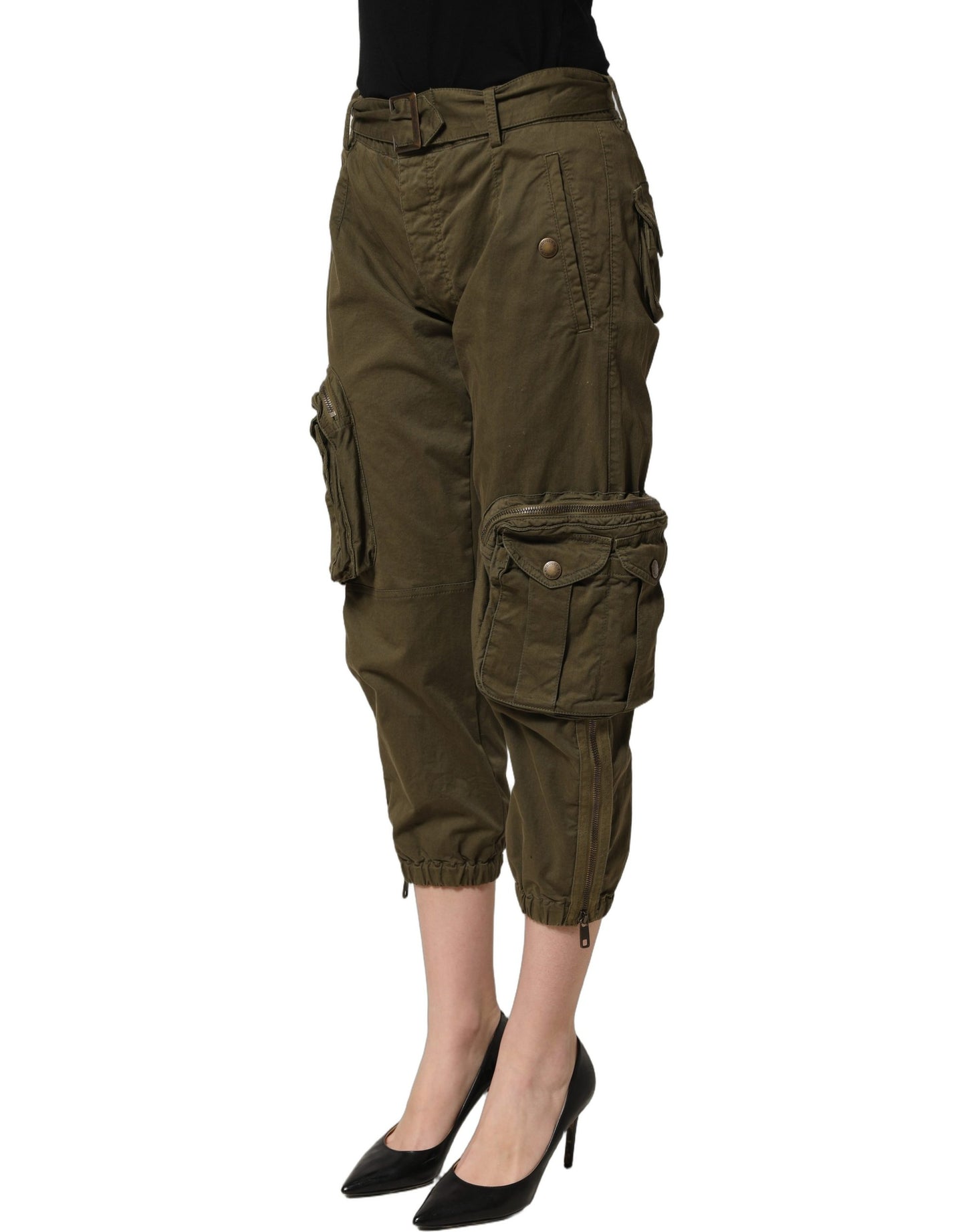 Dolce & Gabbana Olive Green High Waist Cargo Trouser Pants Dolce & Gabbana