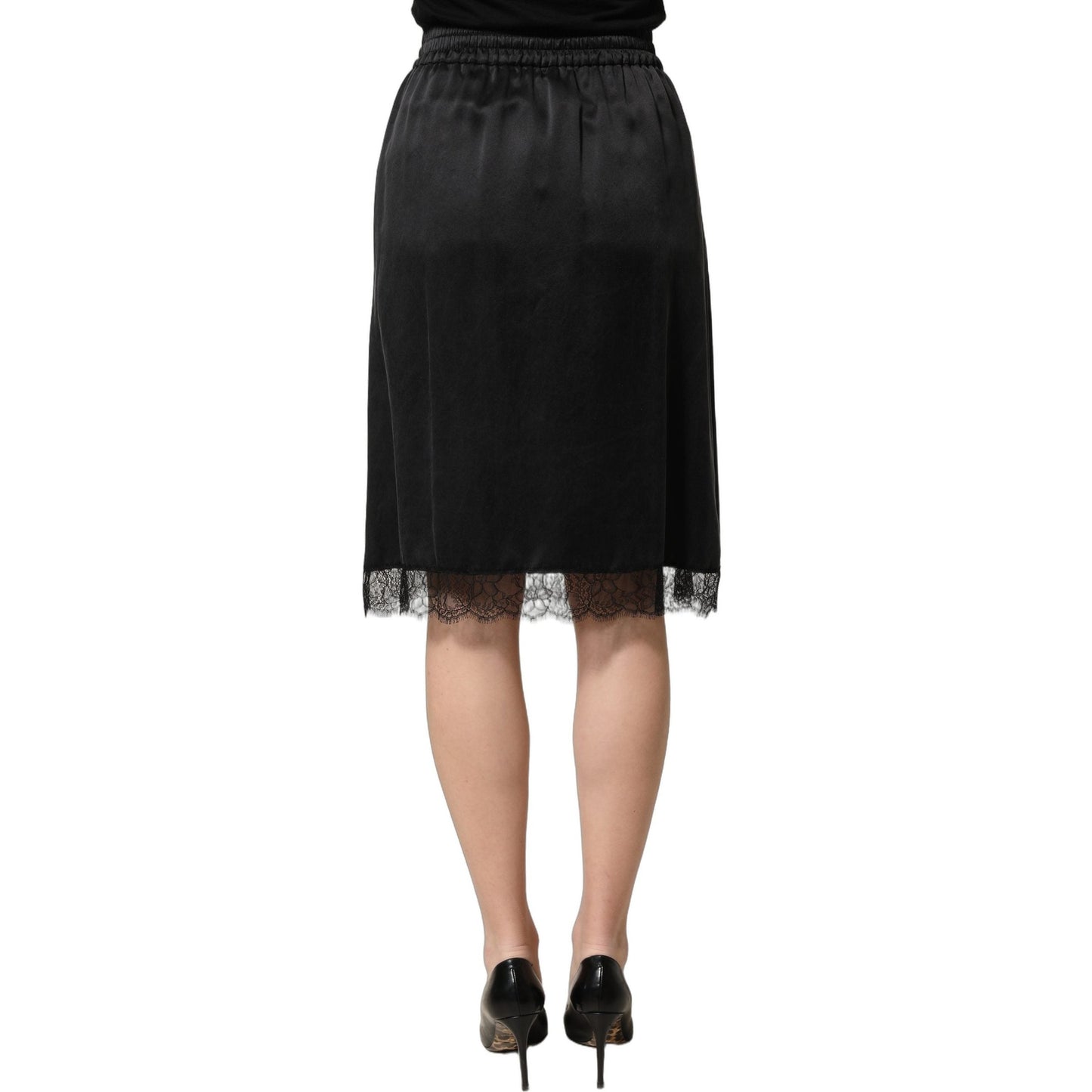 Dolce & Gabbana Black Lace Trimmed Satin Side Slit Skirt Dolce & Gabbana