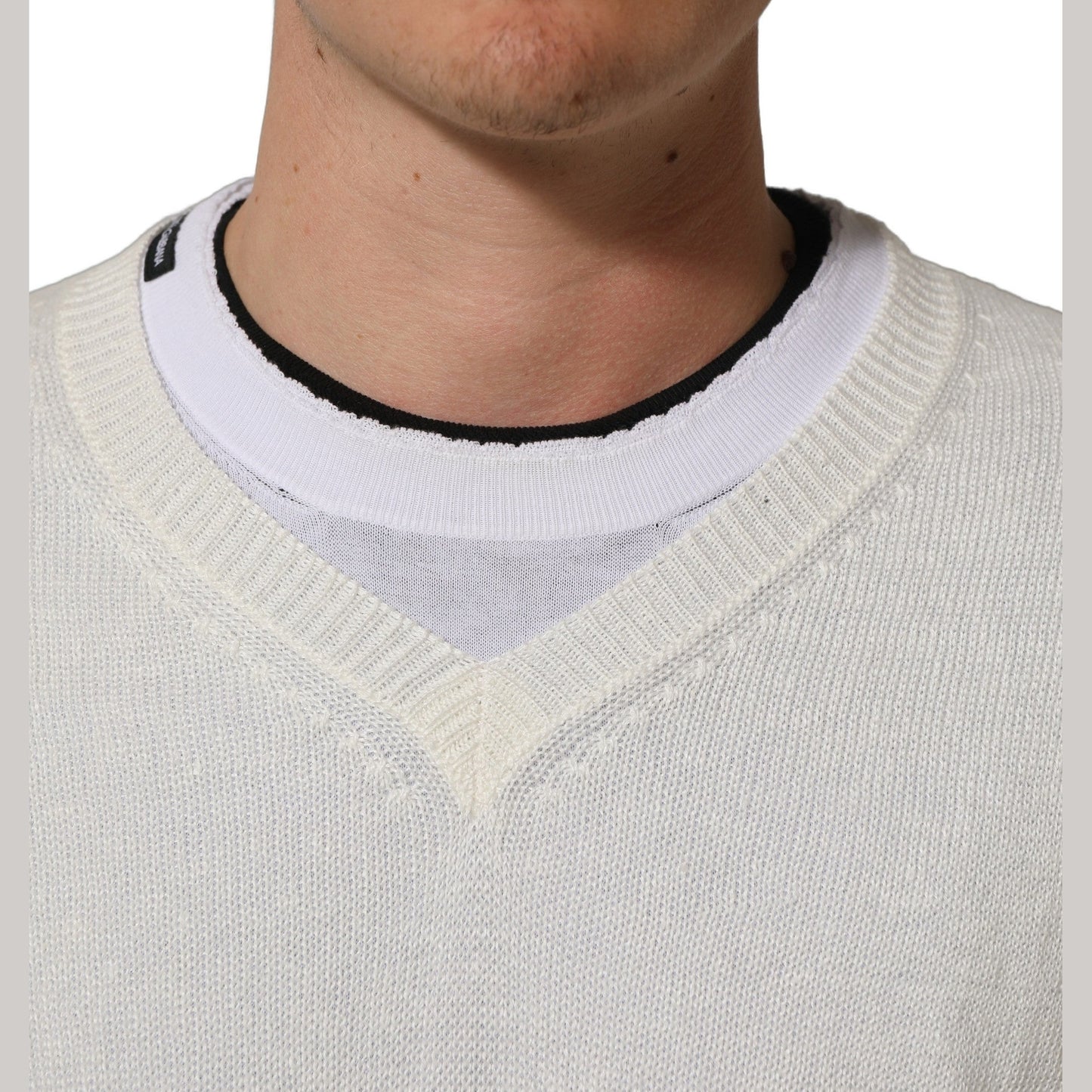 Dolce & Gabbana White Flax CrewNeck Layered Pullover Sweater Dolce & Gabbana