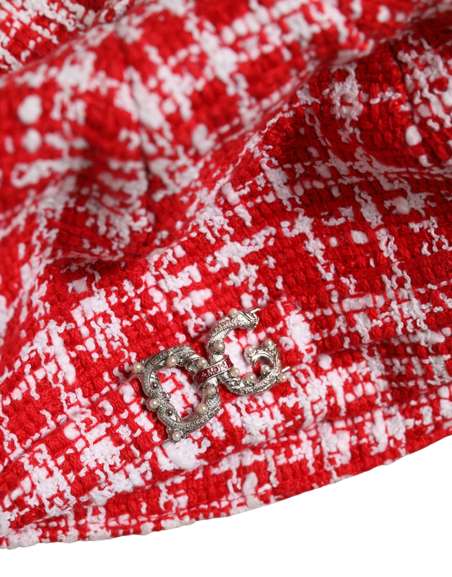 Dolce & Gabbana Red White Tweed Textured Baker Boy Capello Hat Dolce & Gabbana