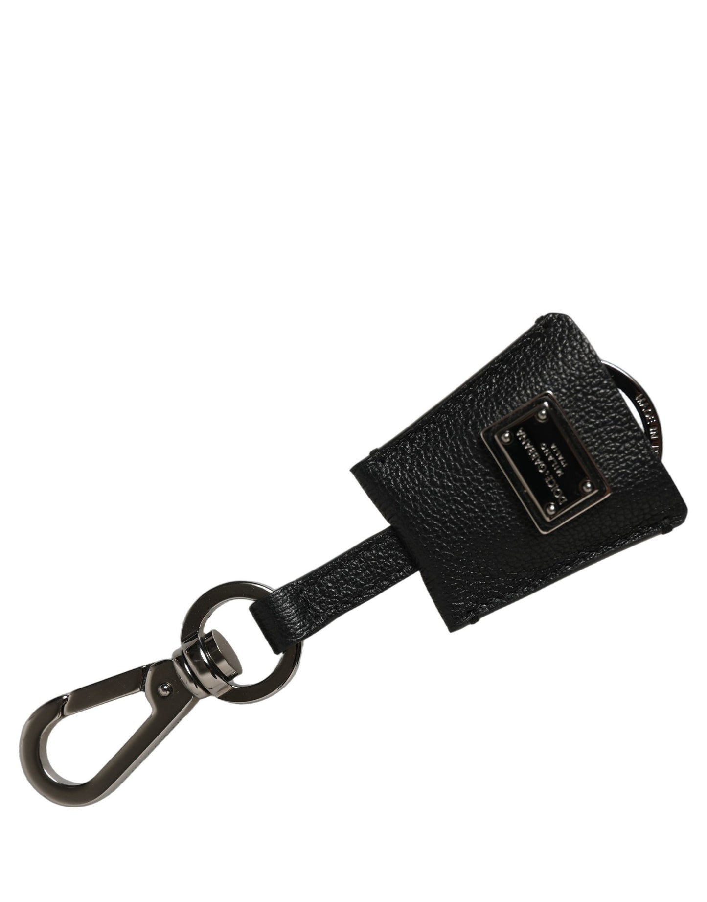 Dolce & Gabbana Black Dauphine Leather Silver Metal Logo Plaque Keyring Dolce & Gabbana