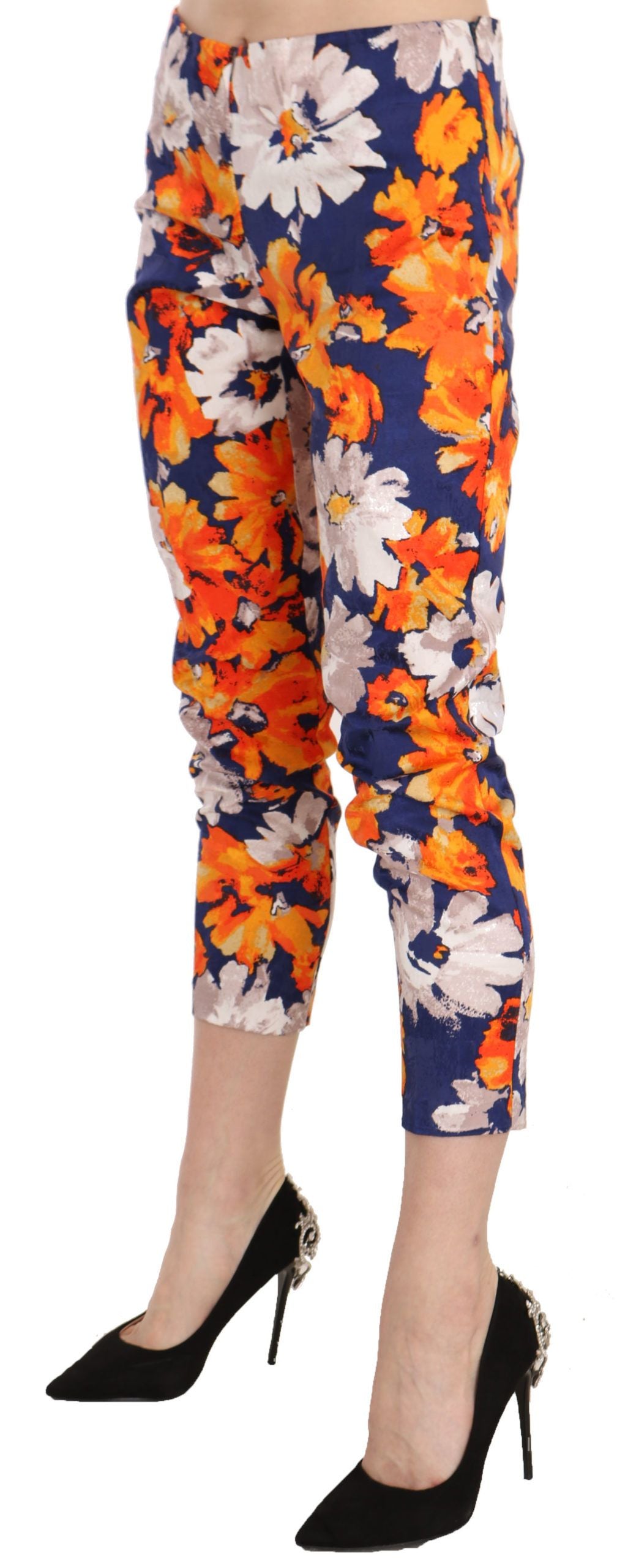 LANACAPRINA Blue Floral Print Skinny Slim Fit Trousers Pants LANACAPRINA