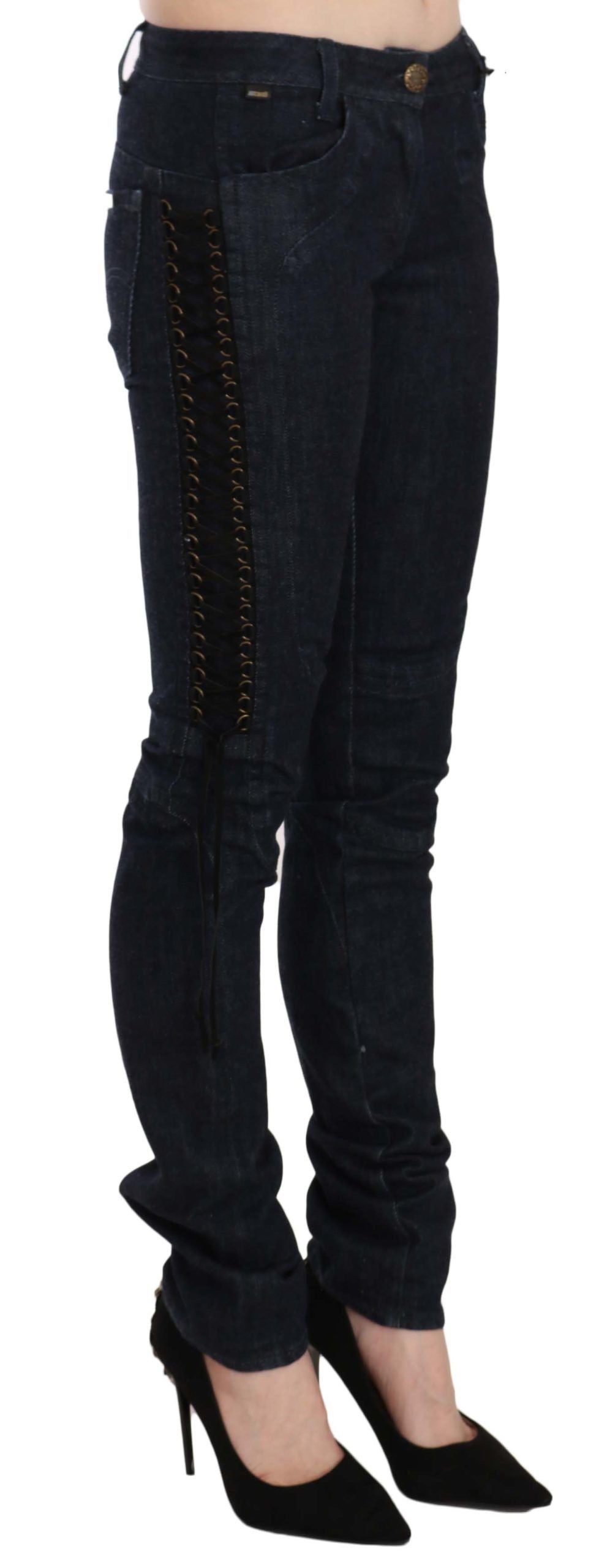 Just Cavalli Blue Low Waist Skinny Trousers Braided String Pants Just Cavalli