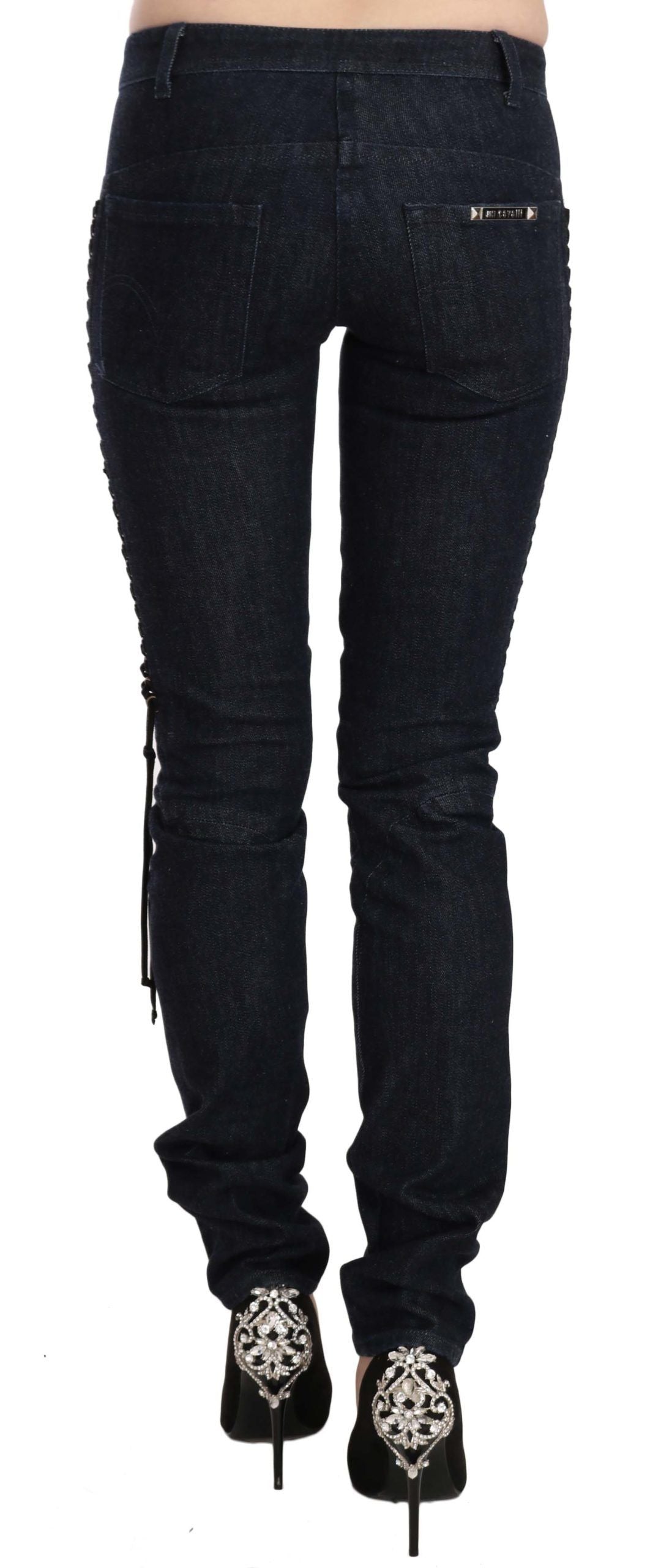 Just Cavalli Blue Low Waist Skinny Trousers Braided String Pants Just Cavalli