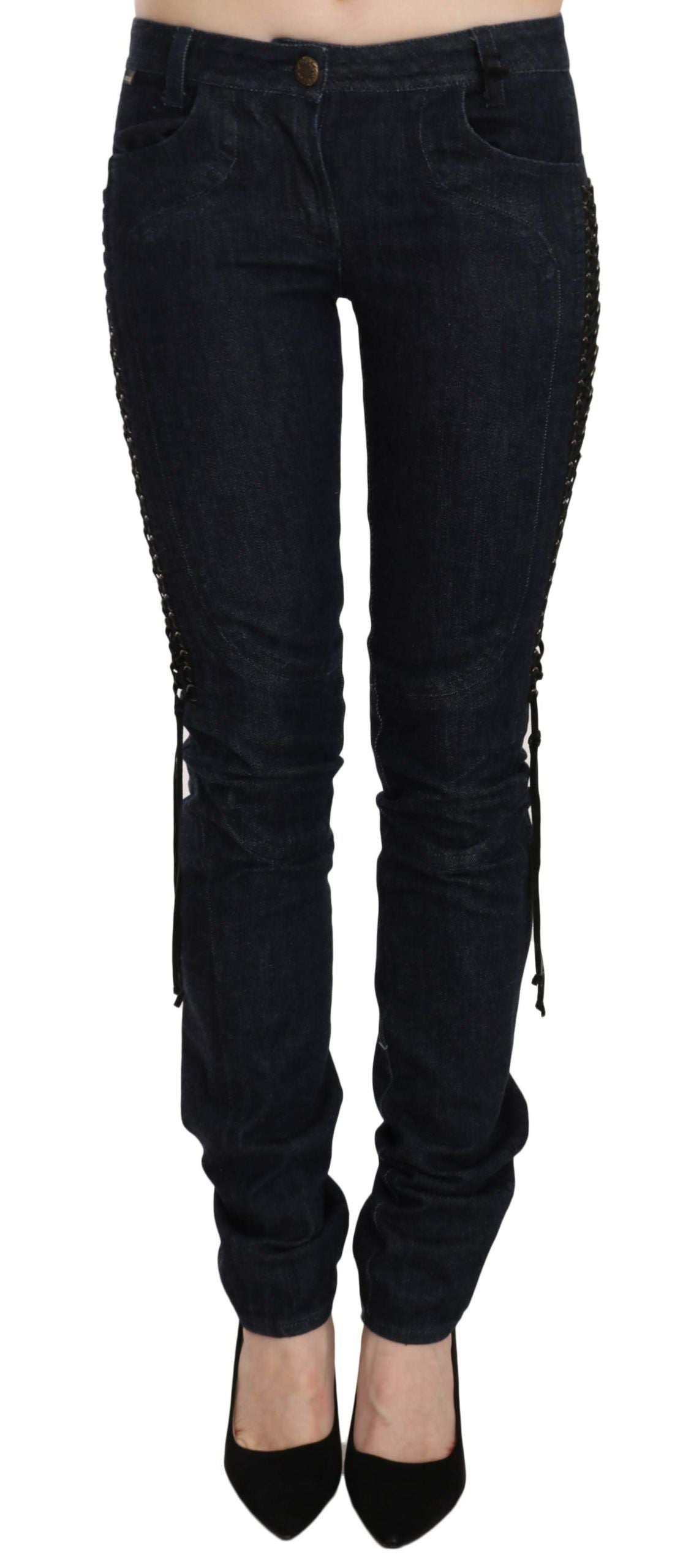 Just Cavalli Blue Low Waist Skinny Trousers Braided String Pants Just Cavalli