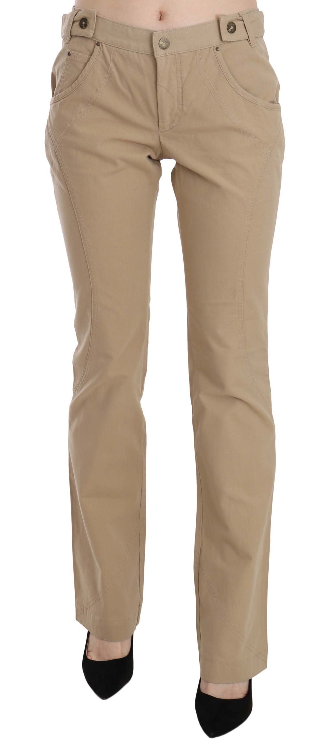 Just Cavalli Beige Cotton Mid Waist Straight Trousers Pants Just Cavalli