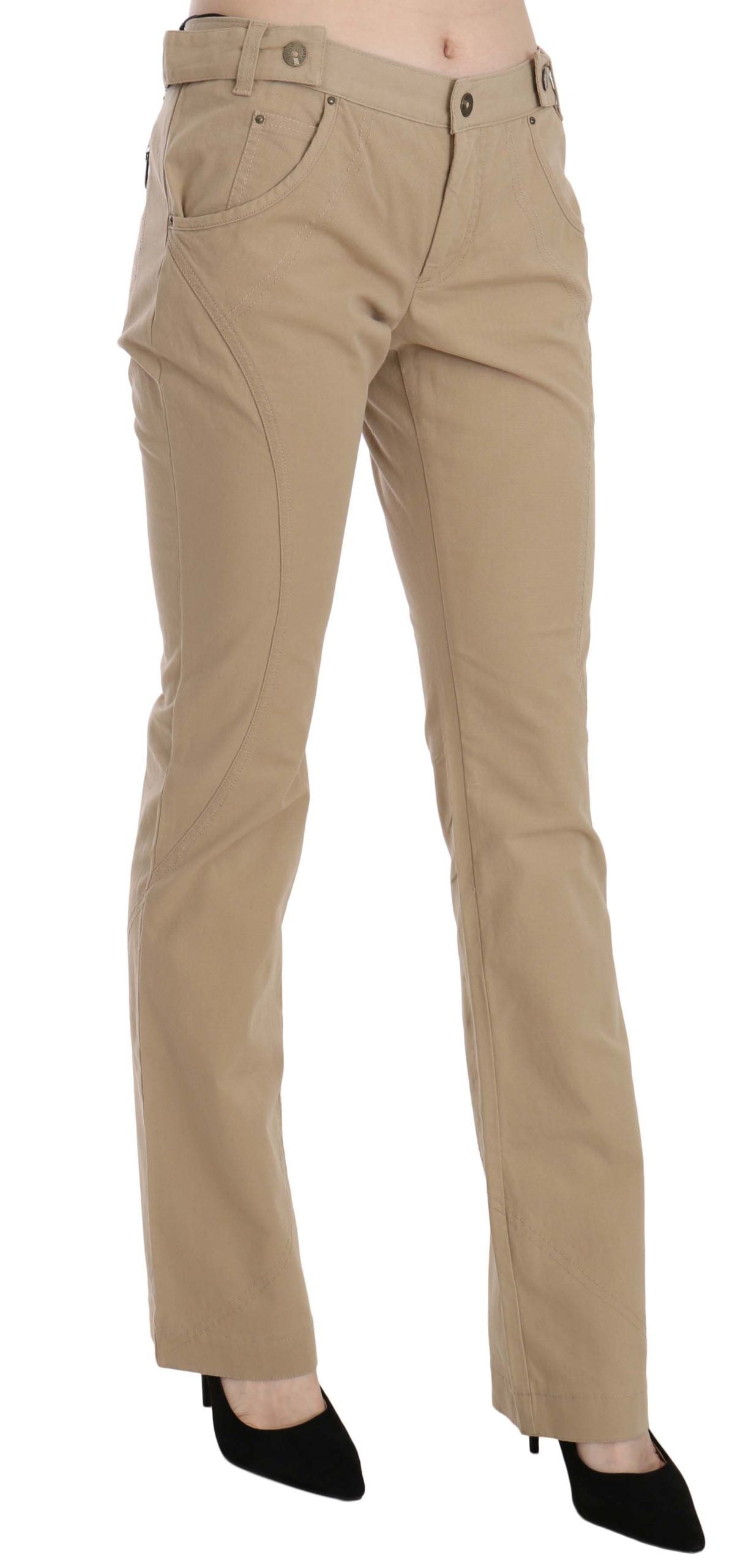 Just Cavalli Beige Cotton Mid Waist Straight Trousers Pants Just Cavalli