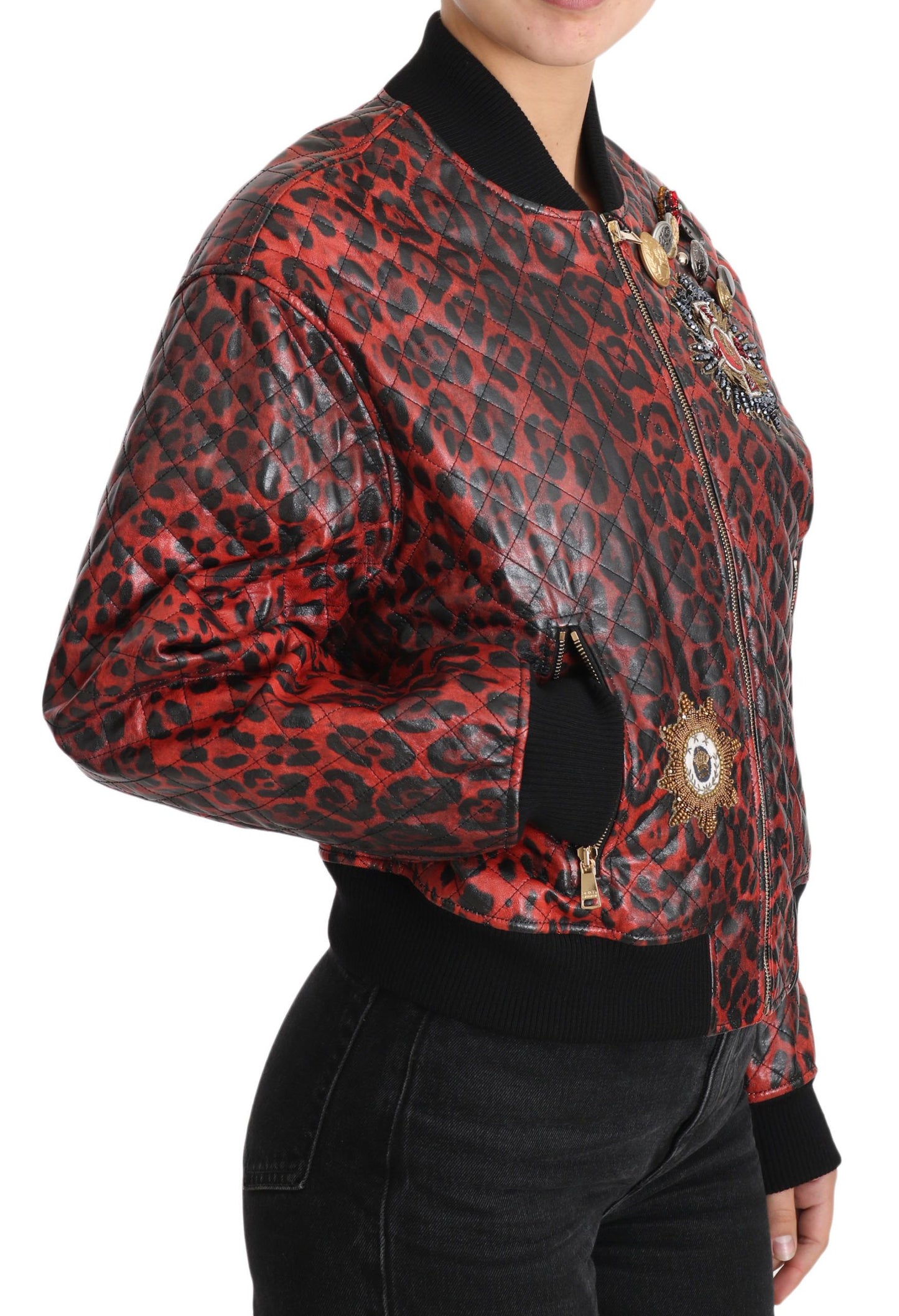 Dolce & Gabbana Red Leopard Button Crystal Leather Jacket Dolce & Gabbana
