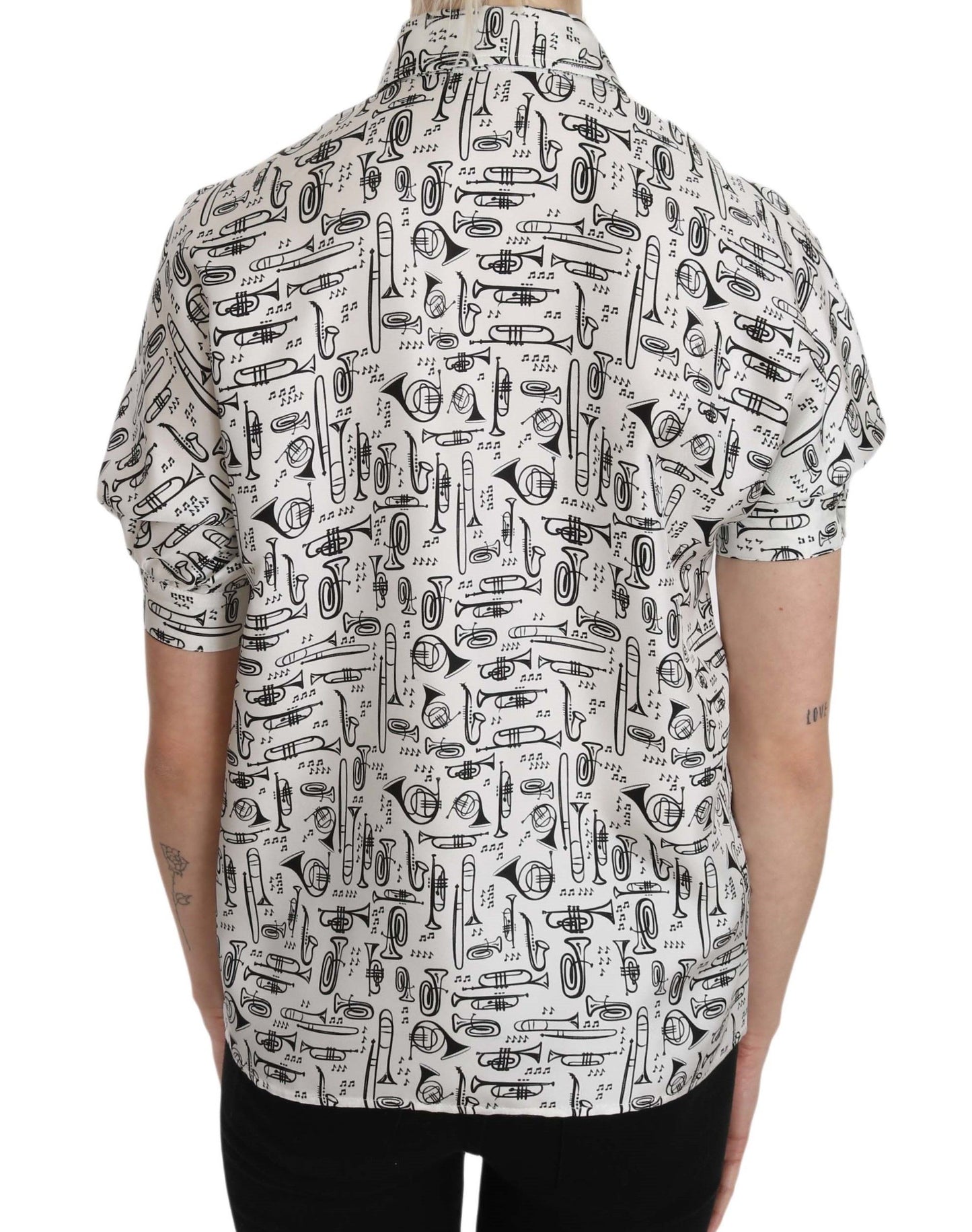 Dolce & Gabbana Trumpet Print Button Front Silk Top Blouse Dolce & Gabbana