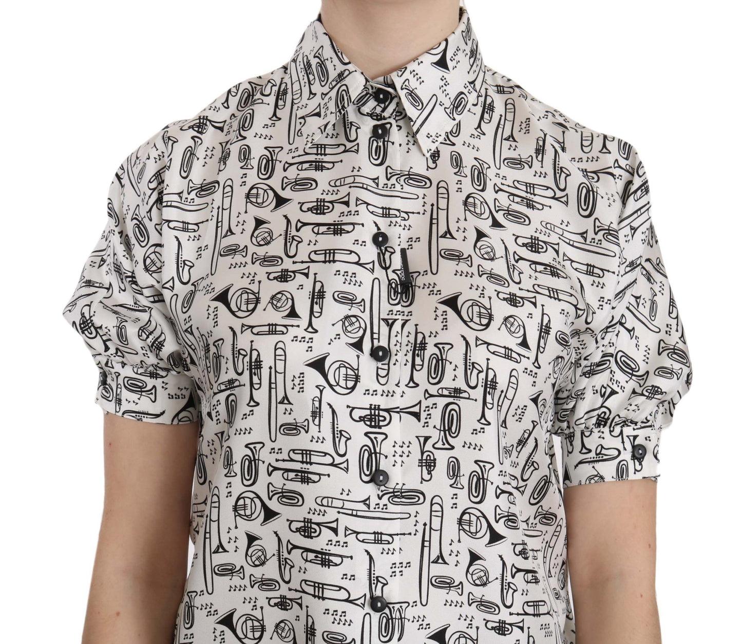 Dolce & Gabbana Trumpet Print Button Front Silk Top Blouse Dolce & Gabbana