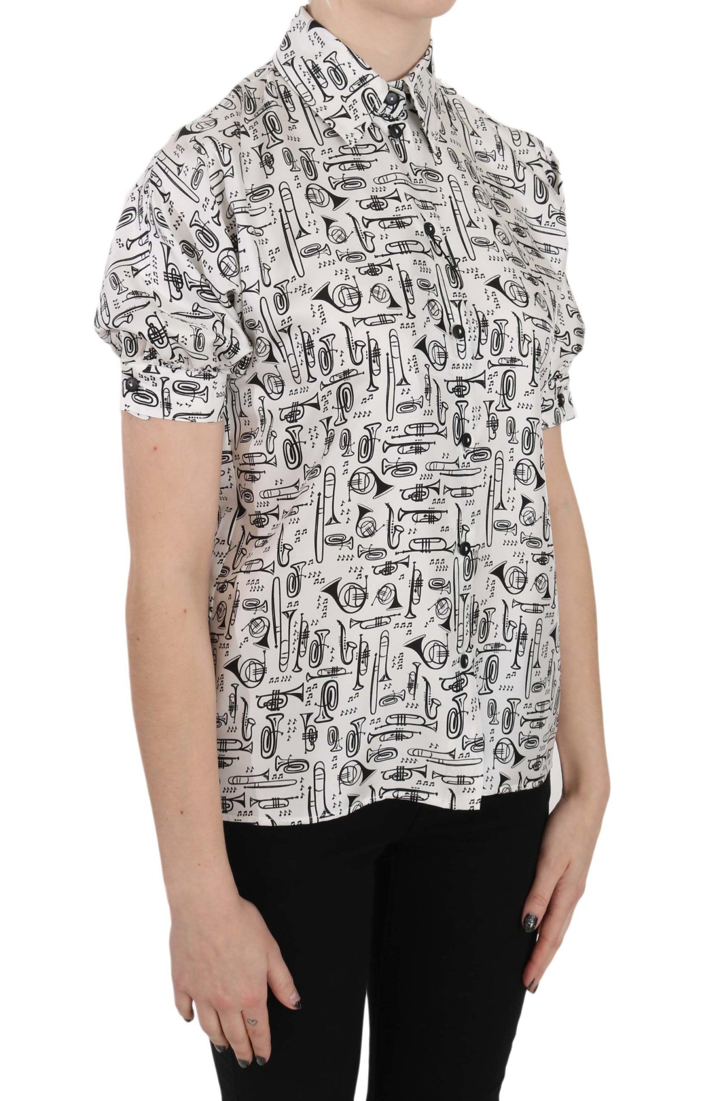 Dolce & Gabbana Trumpet Print Button Front Silk Top Blouse Dolce & Gabbana