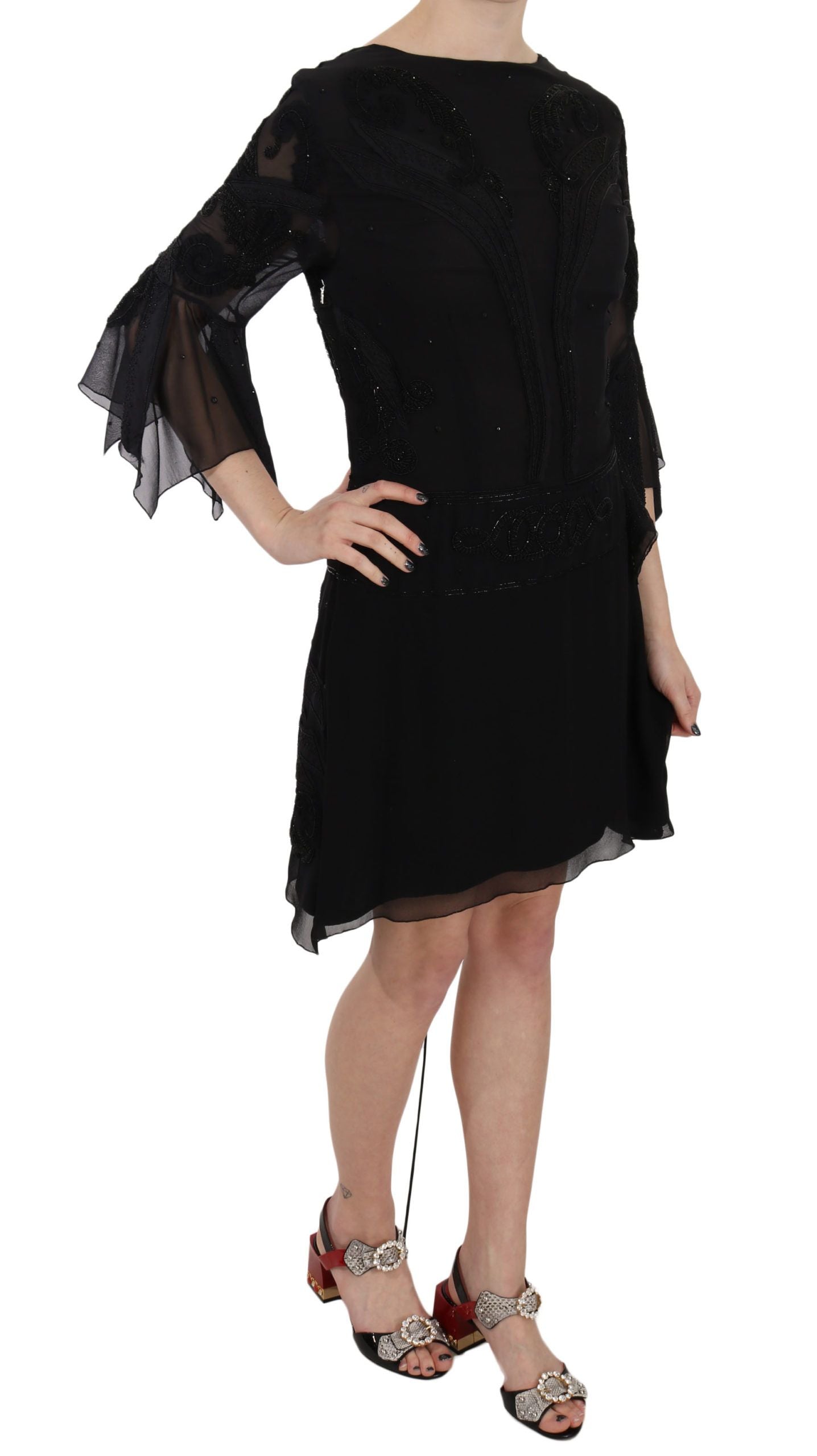 John Richmond Black Sequined Silk Mini Shift Gown John Richmond
