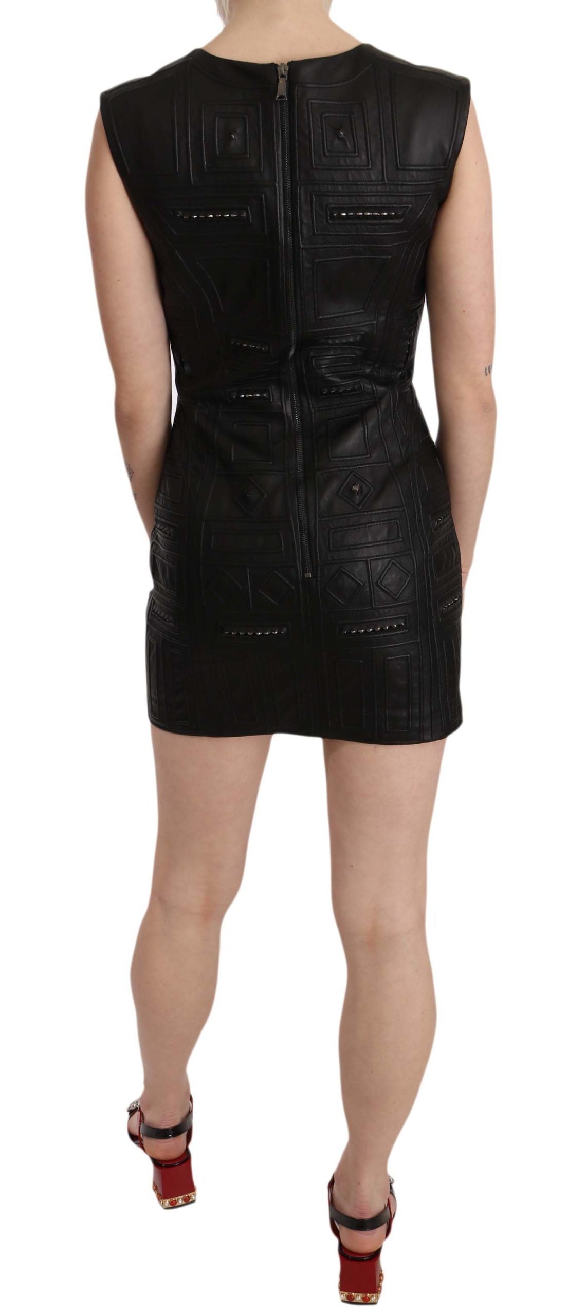 John Richmond Black Leather Studded Mini Shift Dress John Richmond