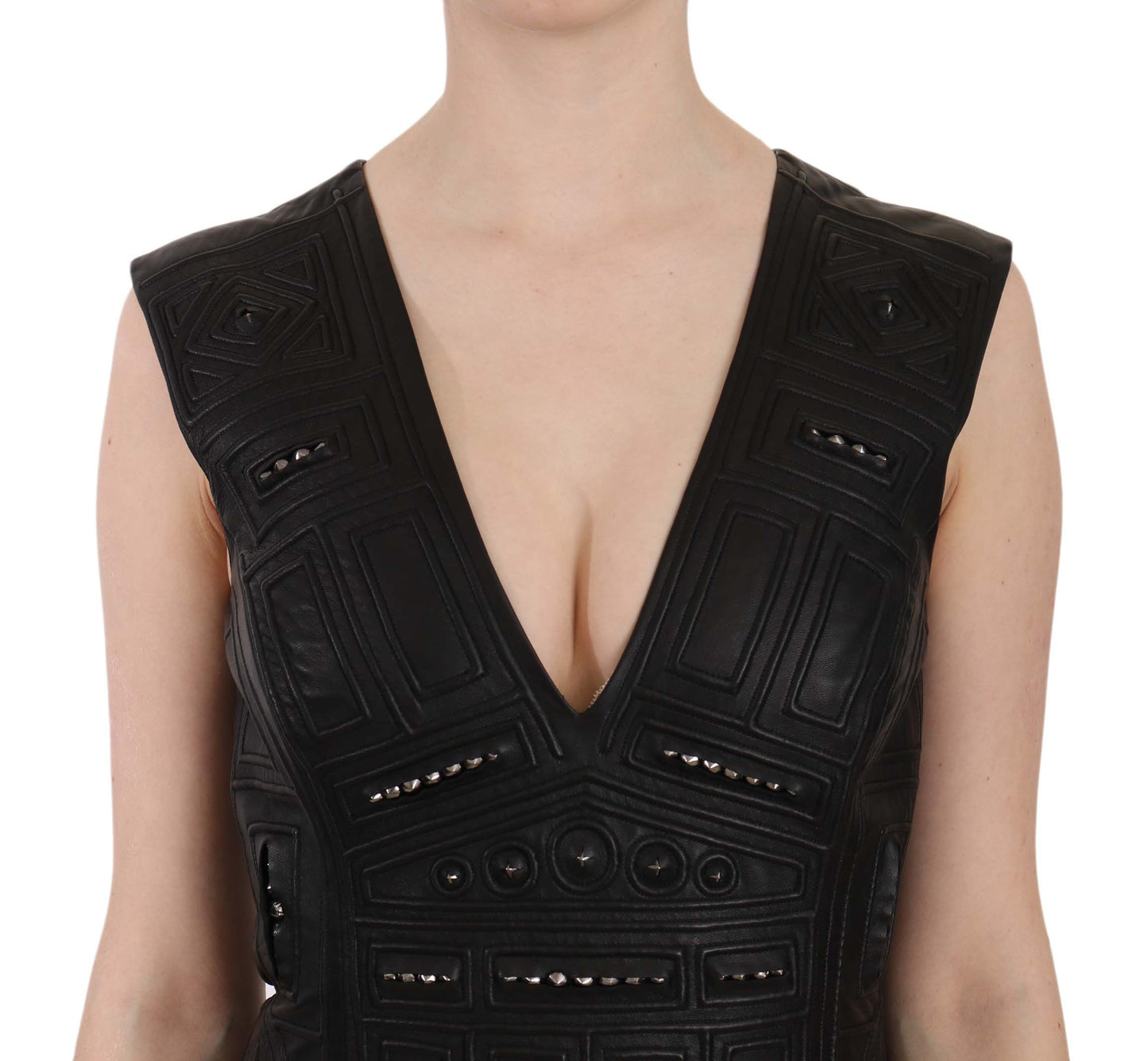 John Richmond Black Leather Studded Mini Shift Dress John Richmond