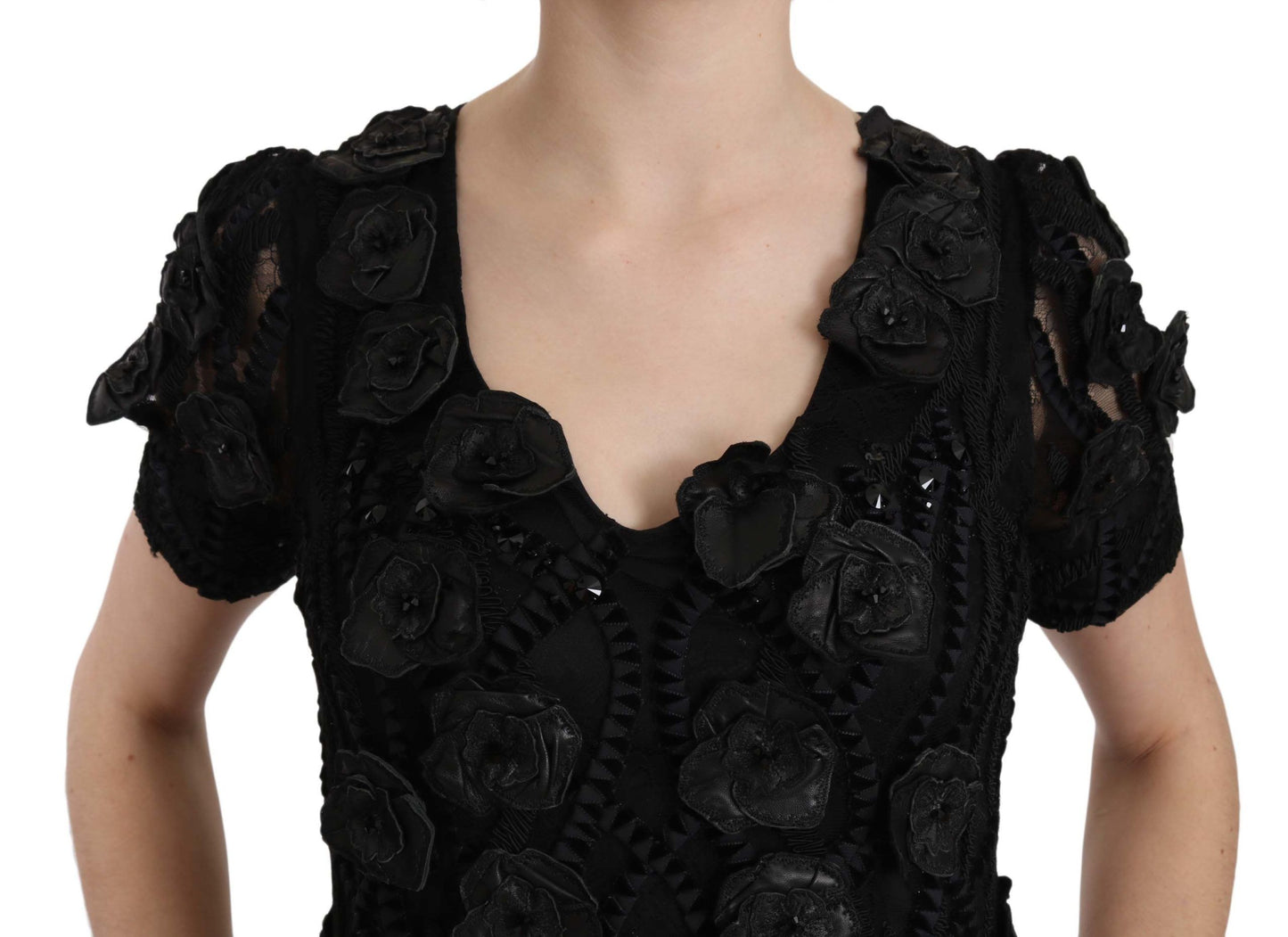 John Richmond Black Silk Leather Flowers Sheath Dress John Richmond
