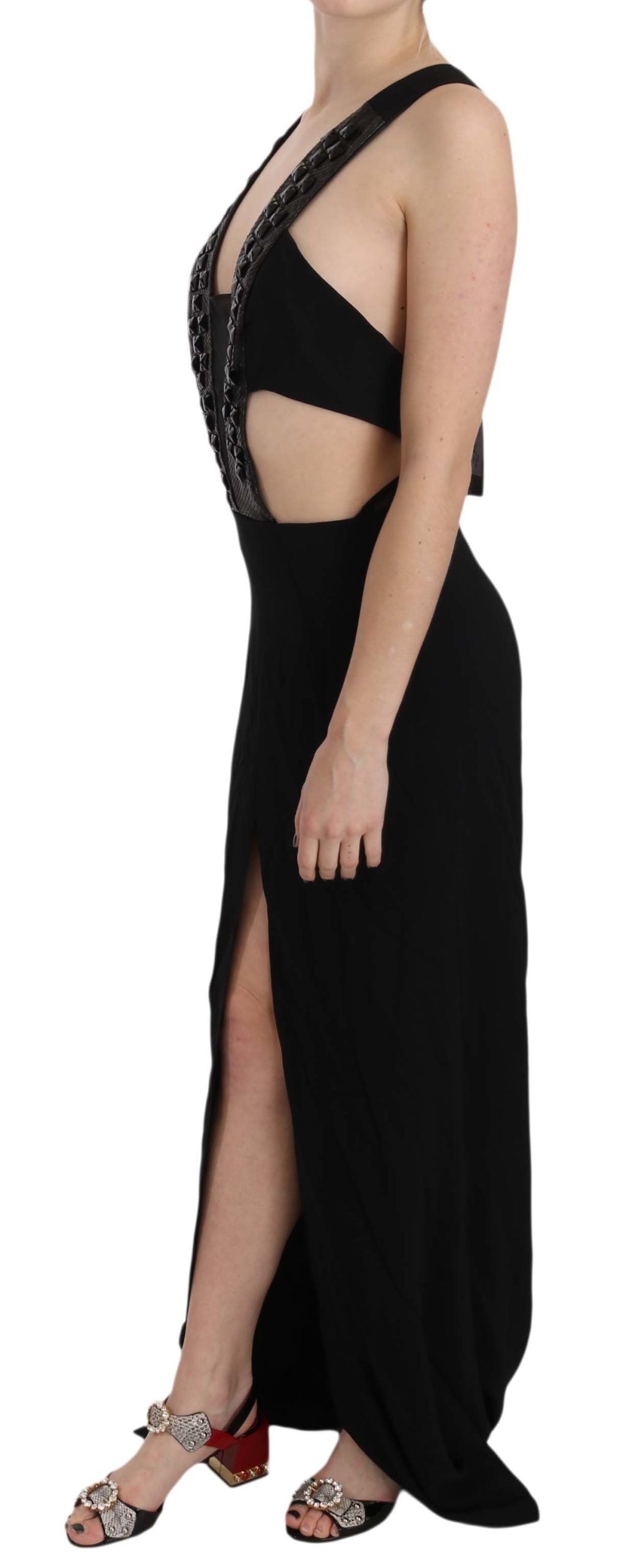 John Richmond Black Crystal Leather Gown Flare Dress John Richmond