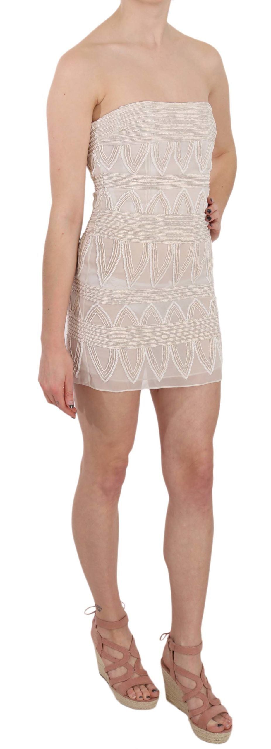 John Richmond Beige Beaded Silk Short Mini Gown Dress John Richmond