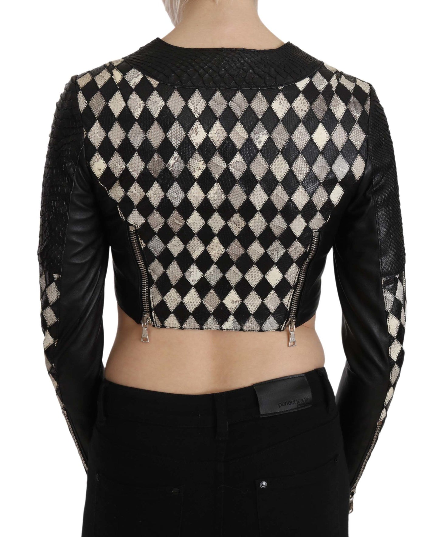John Richmond Black White Leather Short Cropped Biker Jacket Coat John Richmond