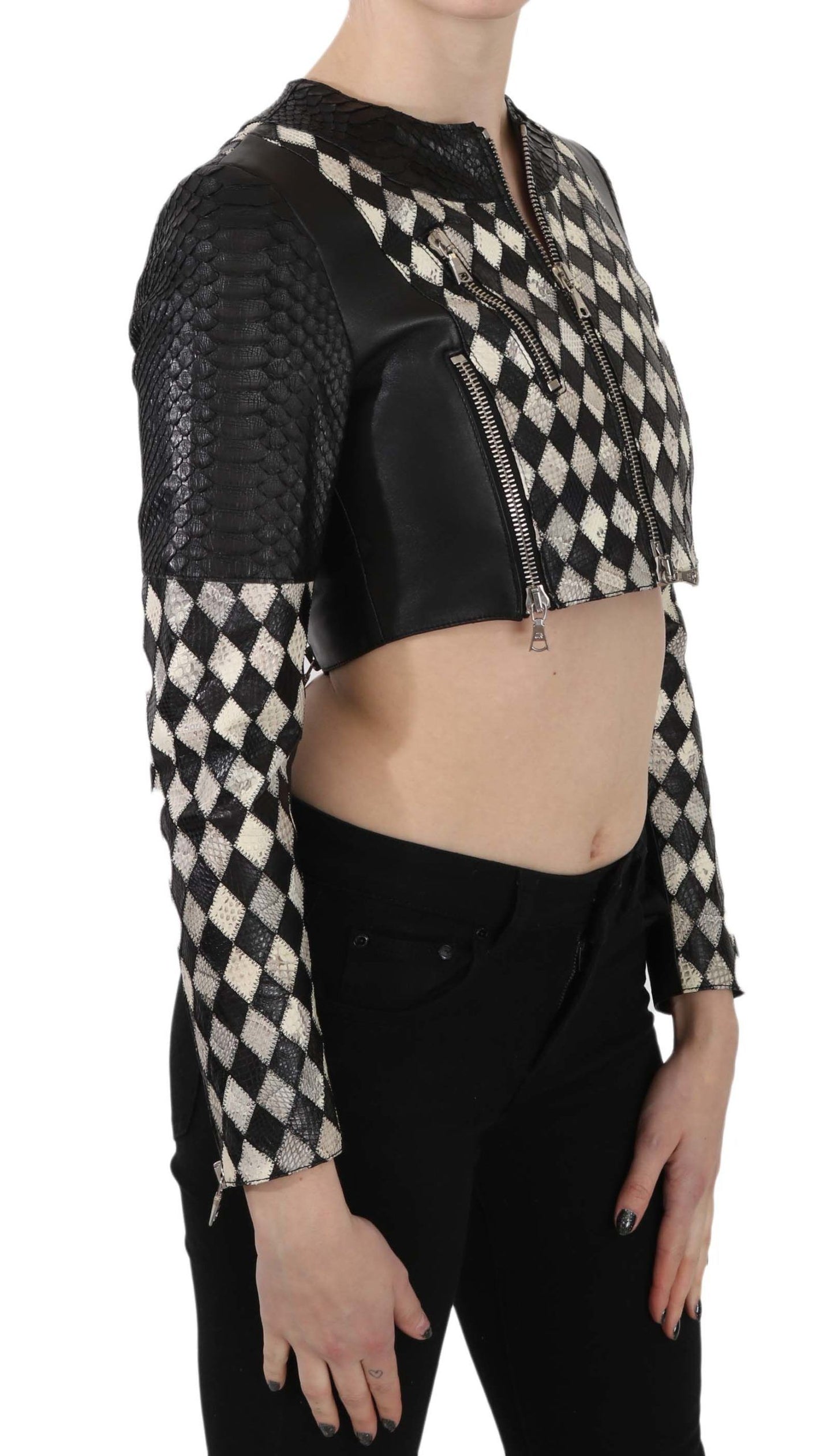 John Richmond Black White Leather Short Cropped Biker Jacket Coat John Richmond
