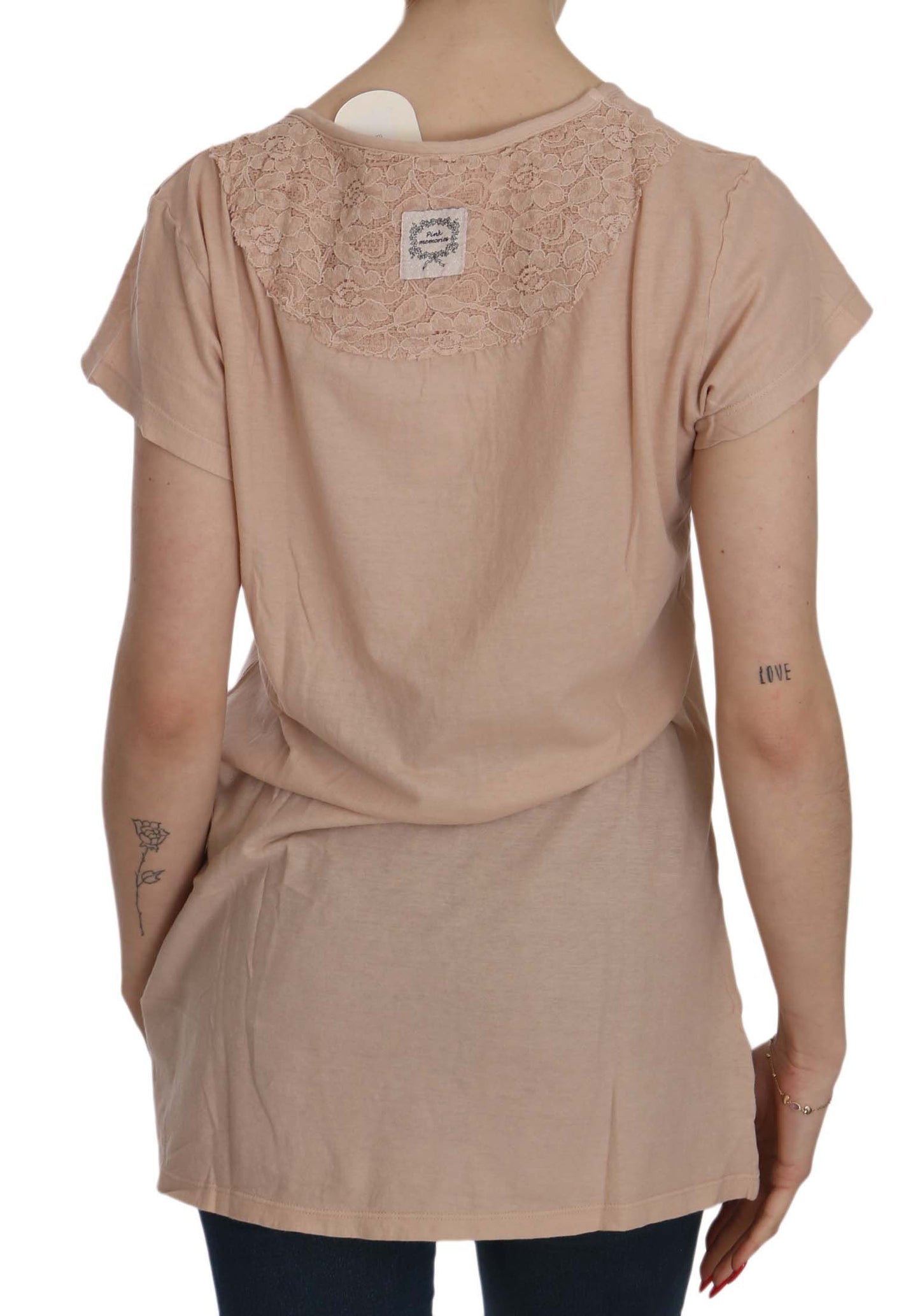 PINK MEMORIES Pink Cream Lace Short Sleeve Shirt Top Cotton Blouse PINK MEMORIES