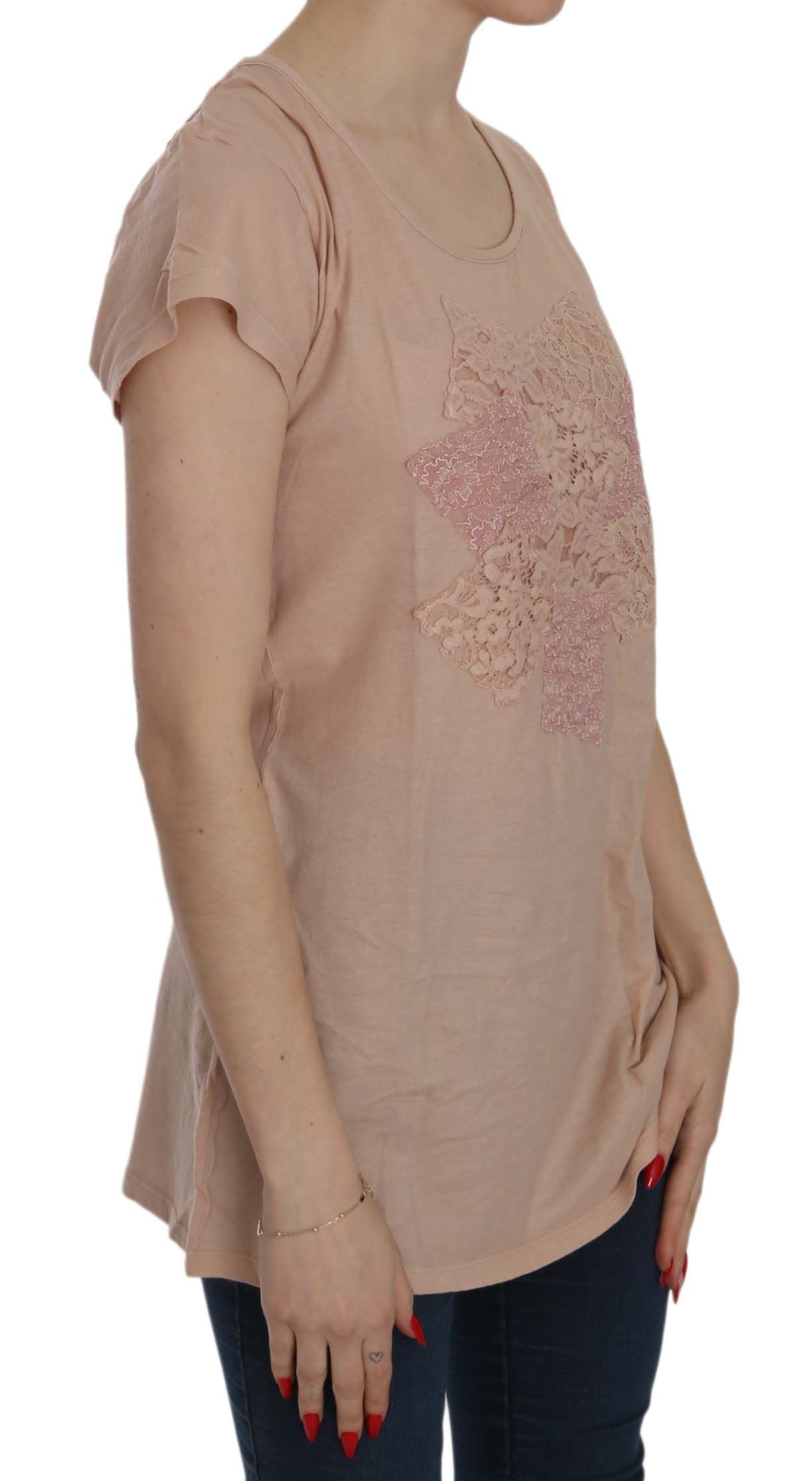 PINK MEMORIES Pink Cream Lace Short Sleeve Shirt Top Cotton Blouse PINK MEMORIES