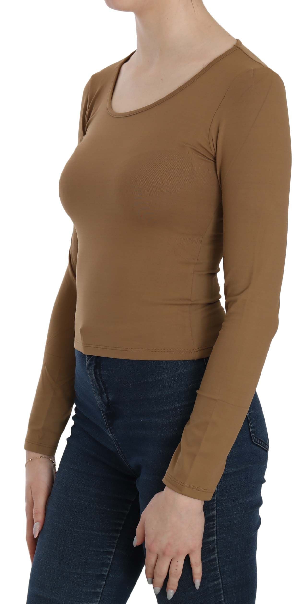 GF Ferre Brown Long Round Neck Sleeve Fitted Shirt Tops Blouse GF Ferre