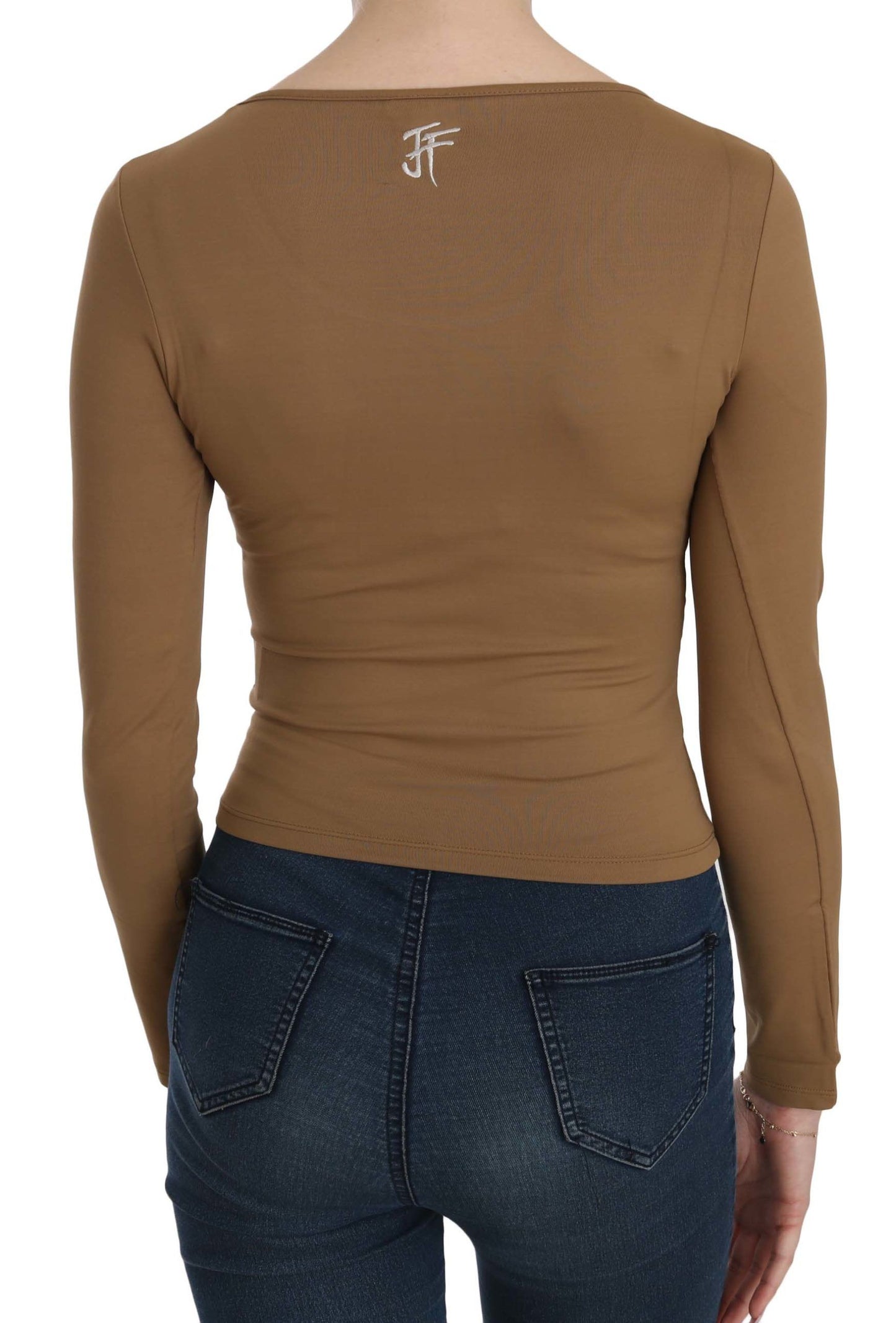 GF Ferre Brown Long Round Neck Sleeve Fitted Shirt Tops Blouse GF Ferre