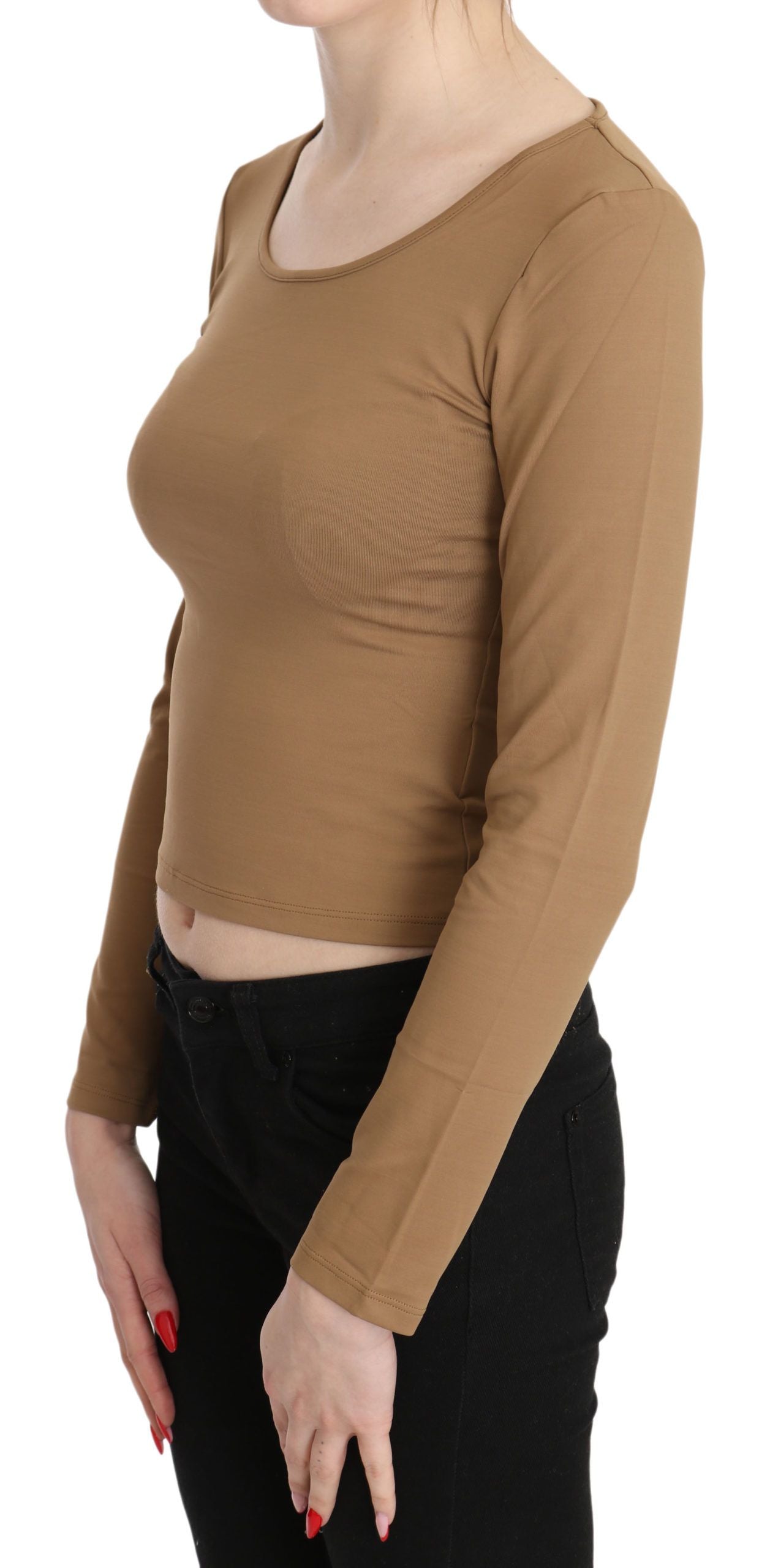 GF Ferre Brown Round Neck Long Sleeve Slim Crop Top Blouse GF Ferre