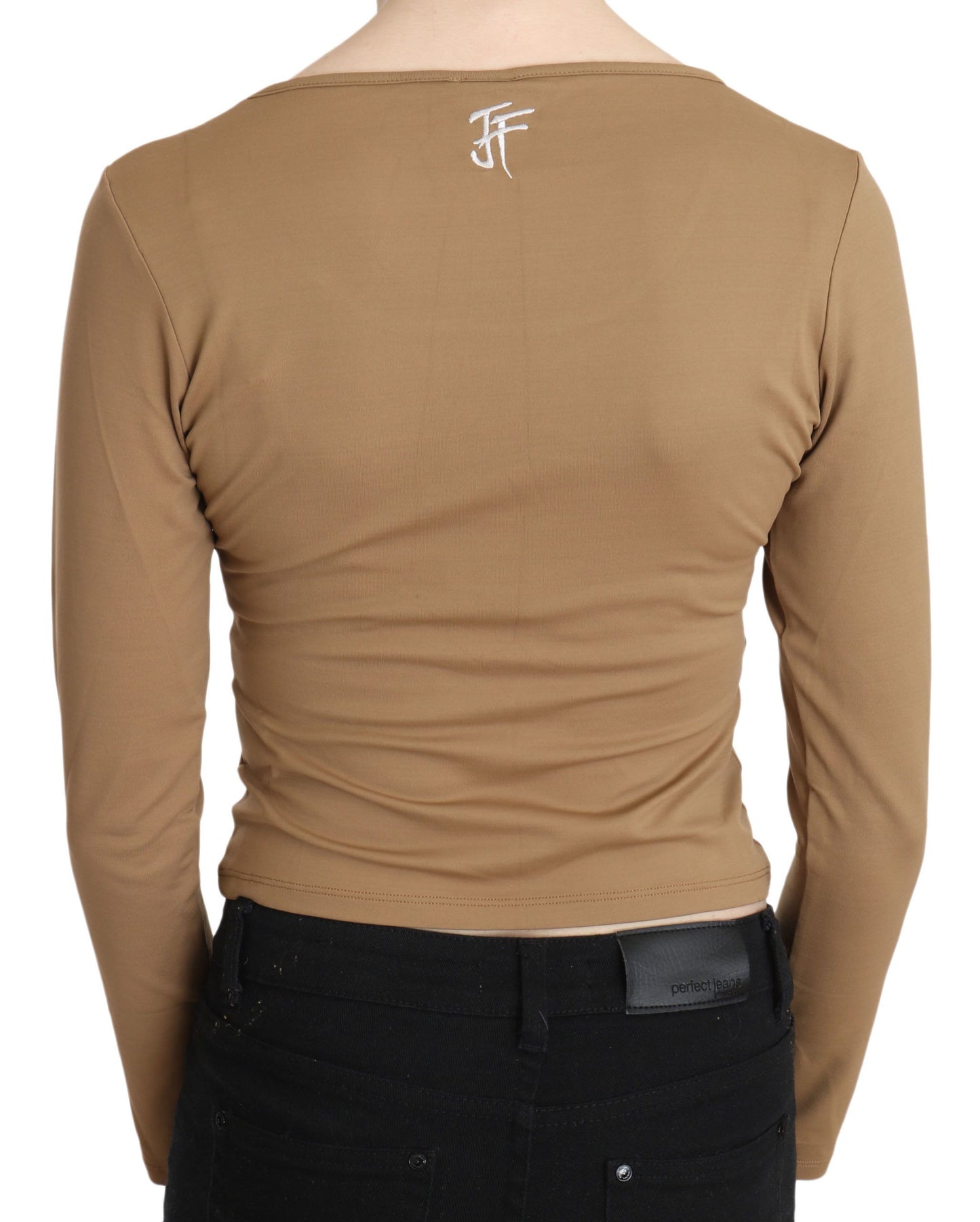 GF Ferre Brown Round Neck Long Sleeve Slim Crop Top Blouse GF Ferre