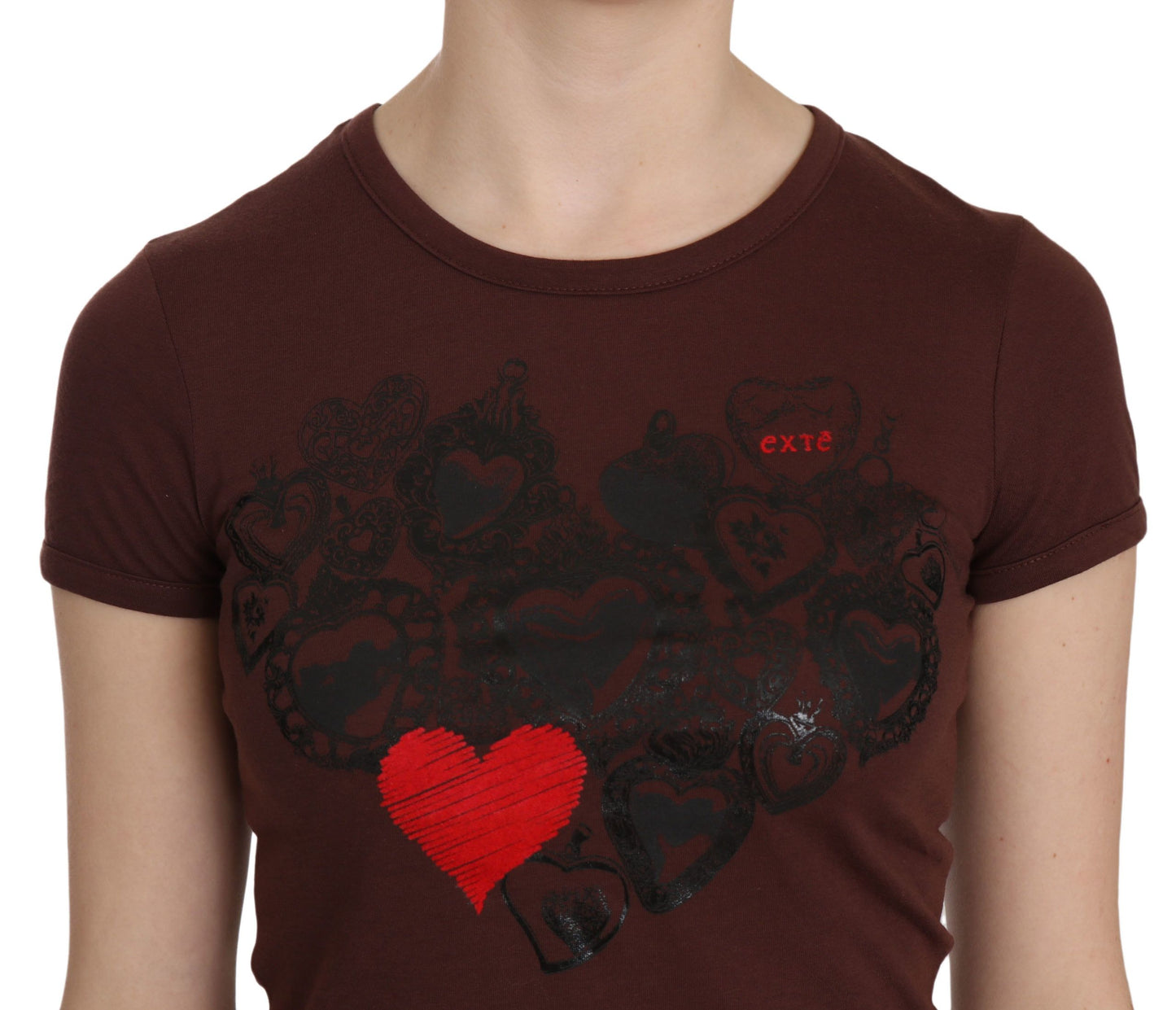Exte Brown Heart Print Crew Neck T-shirt Short Sleeve Blouse Exte