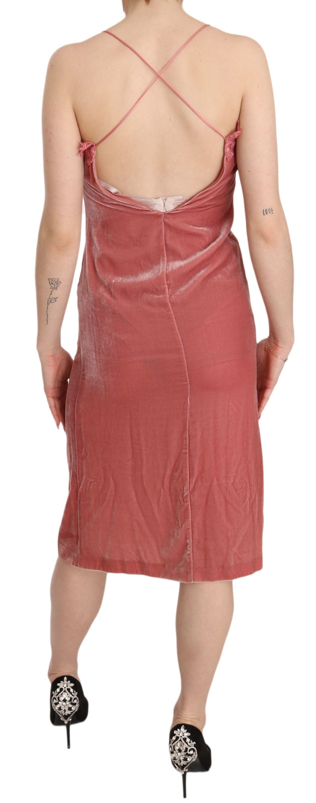 PINKO Pink Lace Spaghetti Strap Side Slit Shift Midi Dress PINKO