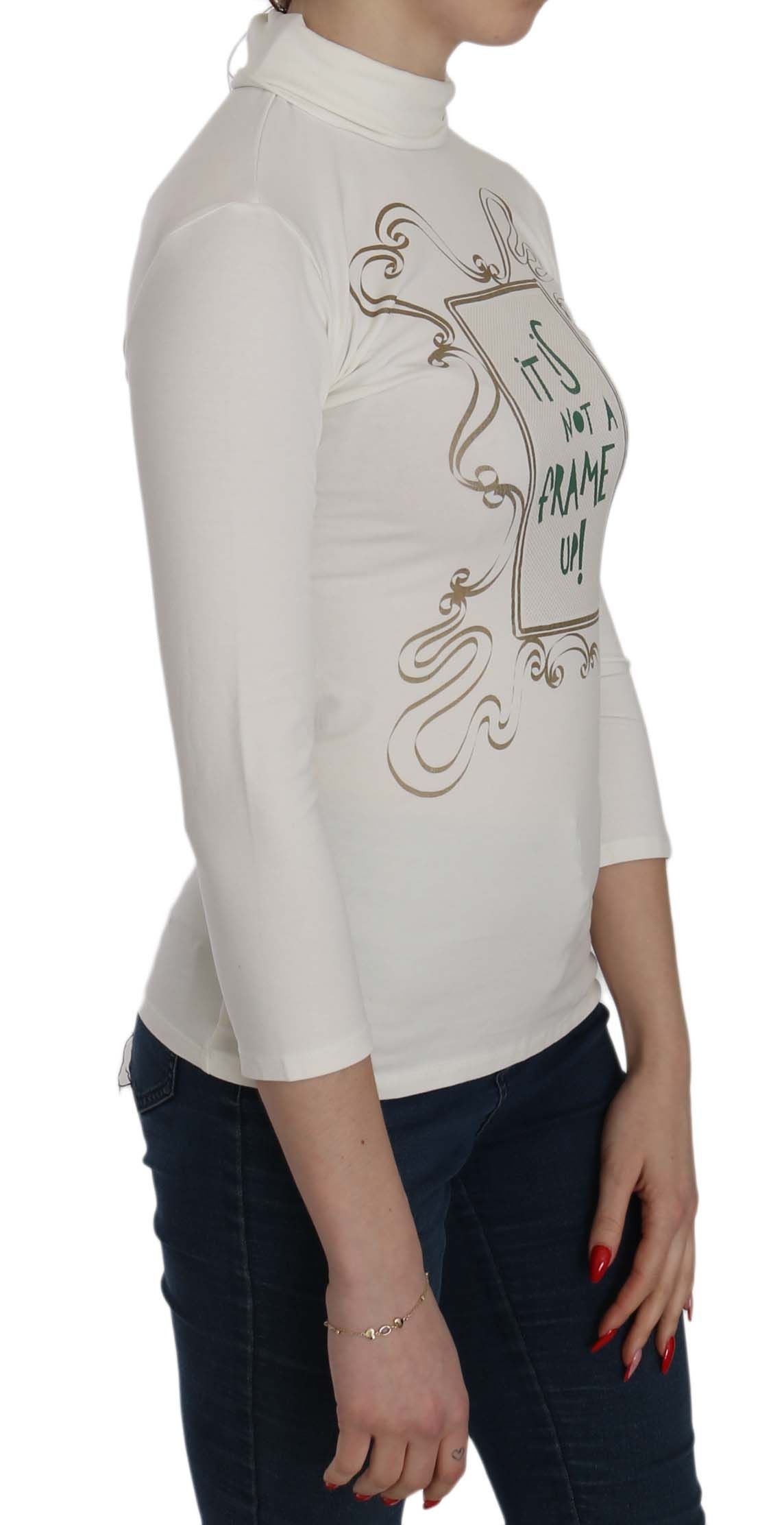 Exte White Printed Turtle Neck 3/4 Sleeve Top Cotton Blouse Exte